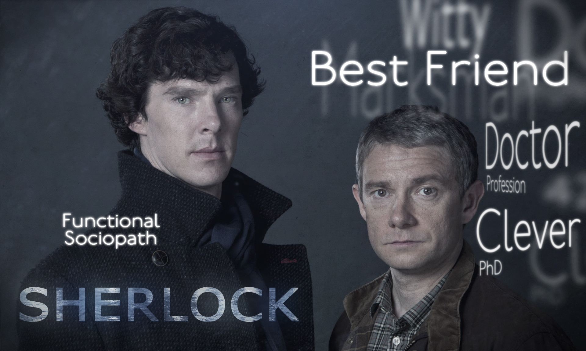 Sherlock, Benedict Cumberbatch, Martin Freeman, Sociopatico iperattivo, Tipografia, sfondo Full HD