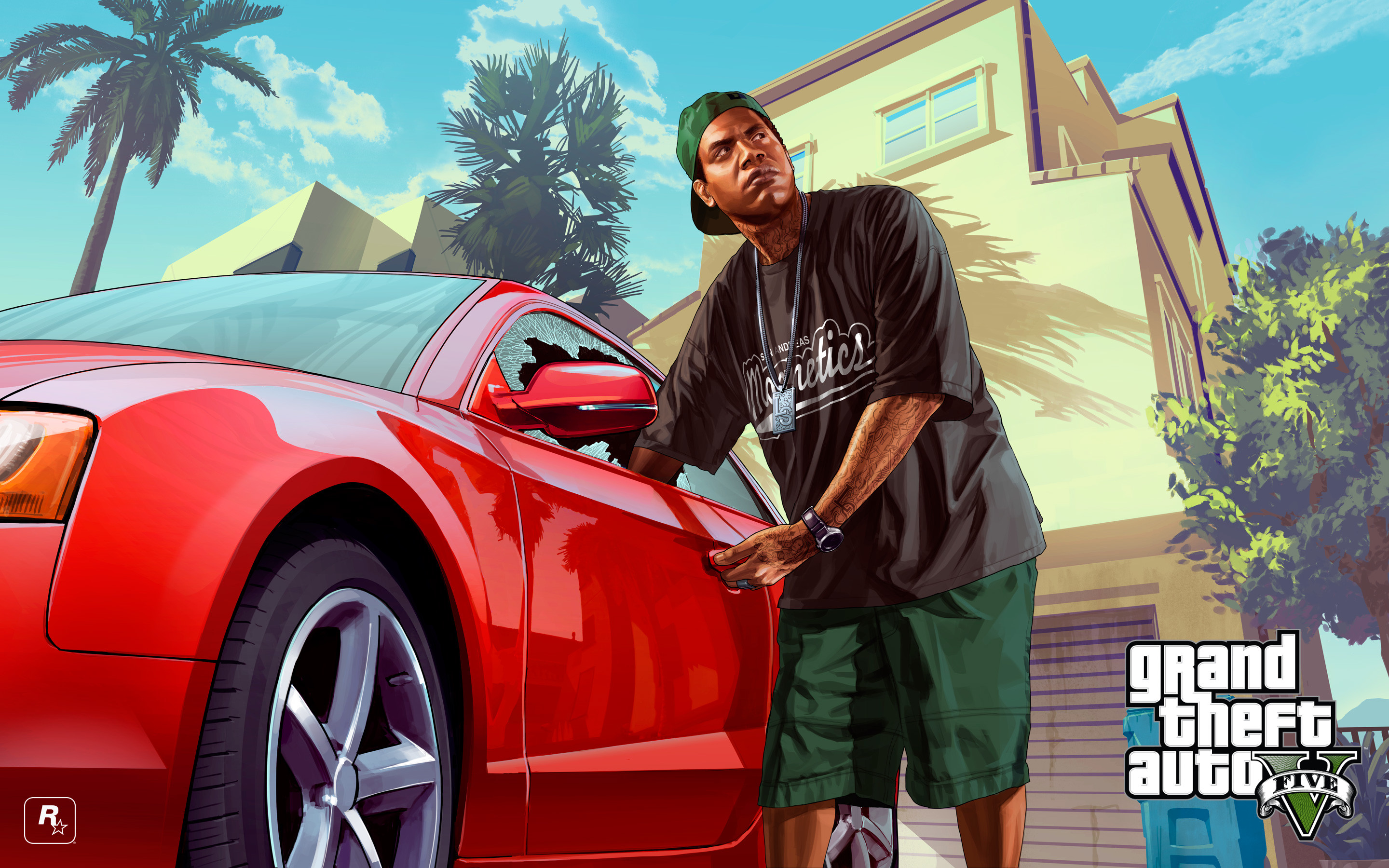 Lamar Davis, Grand Theft Auto V, Auto rossa, Palme, 2880x1800, immagine di sfondo