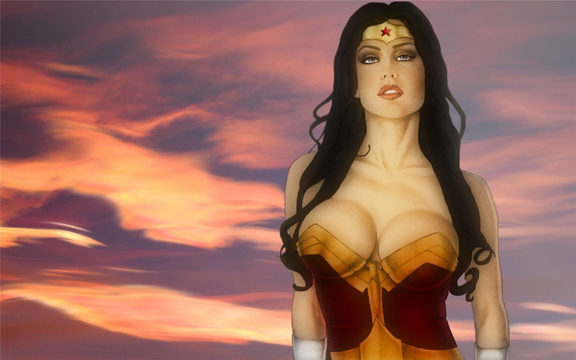 Wonder Woman, DC Comics, Rendering 3D, Cielo al tramonto, Nuvole rosa, sfondo Windows 11