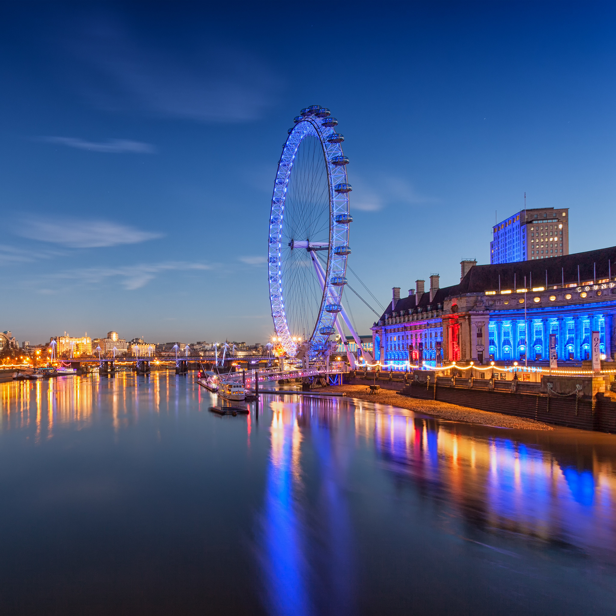 London Eye, County Hall, Tamigi, Londra, Crepuscolo, Luci blu, Full HD, wallpaper per tablet