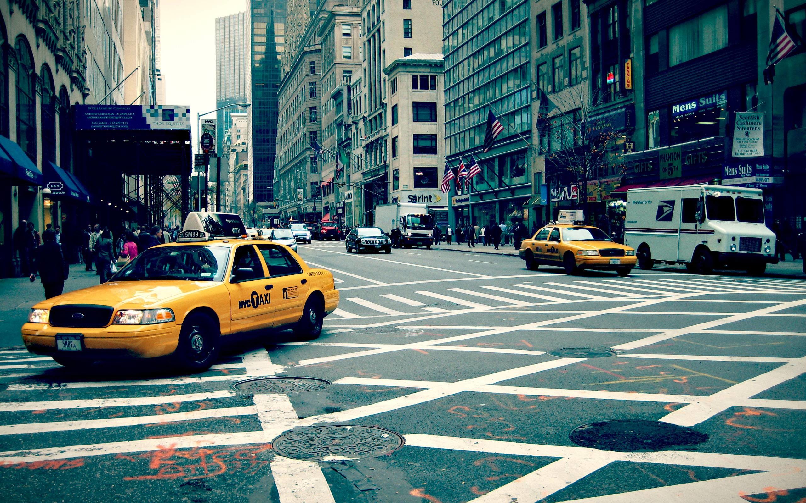 New York, Taxi giallo, Strada, Incrocio, 2K, sfondo desktop