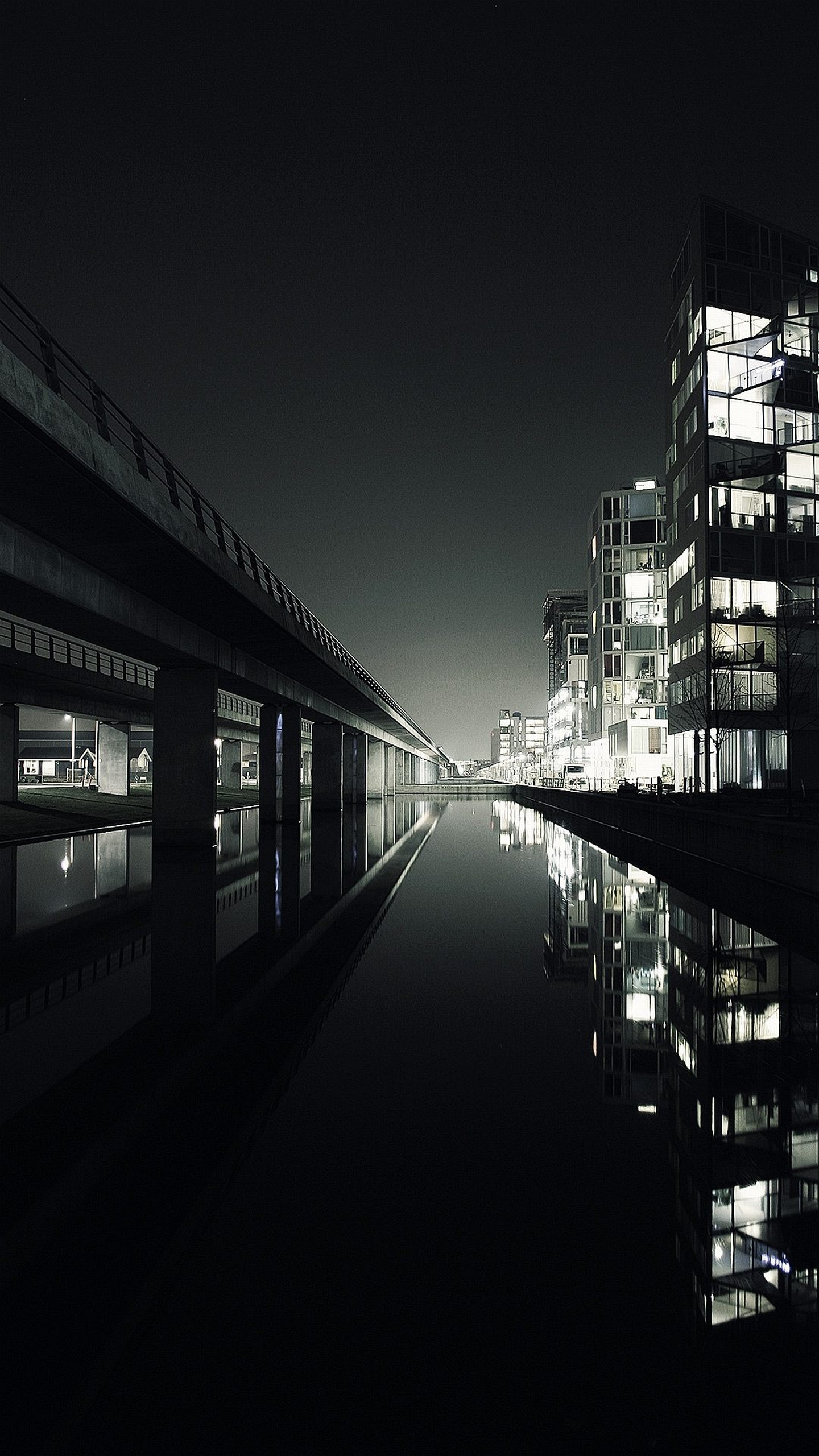 Città notturna, Riflesso, Acqua, Edifici, Bianco e nero, wallpaper LG G3