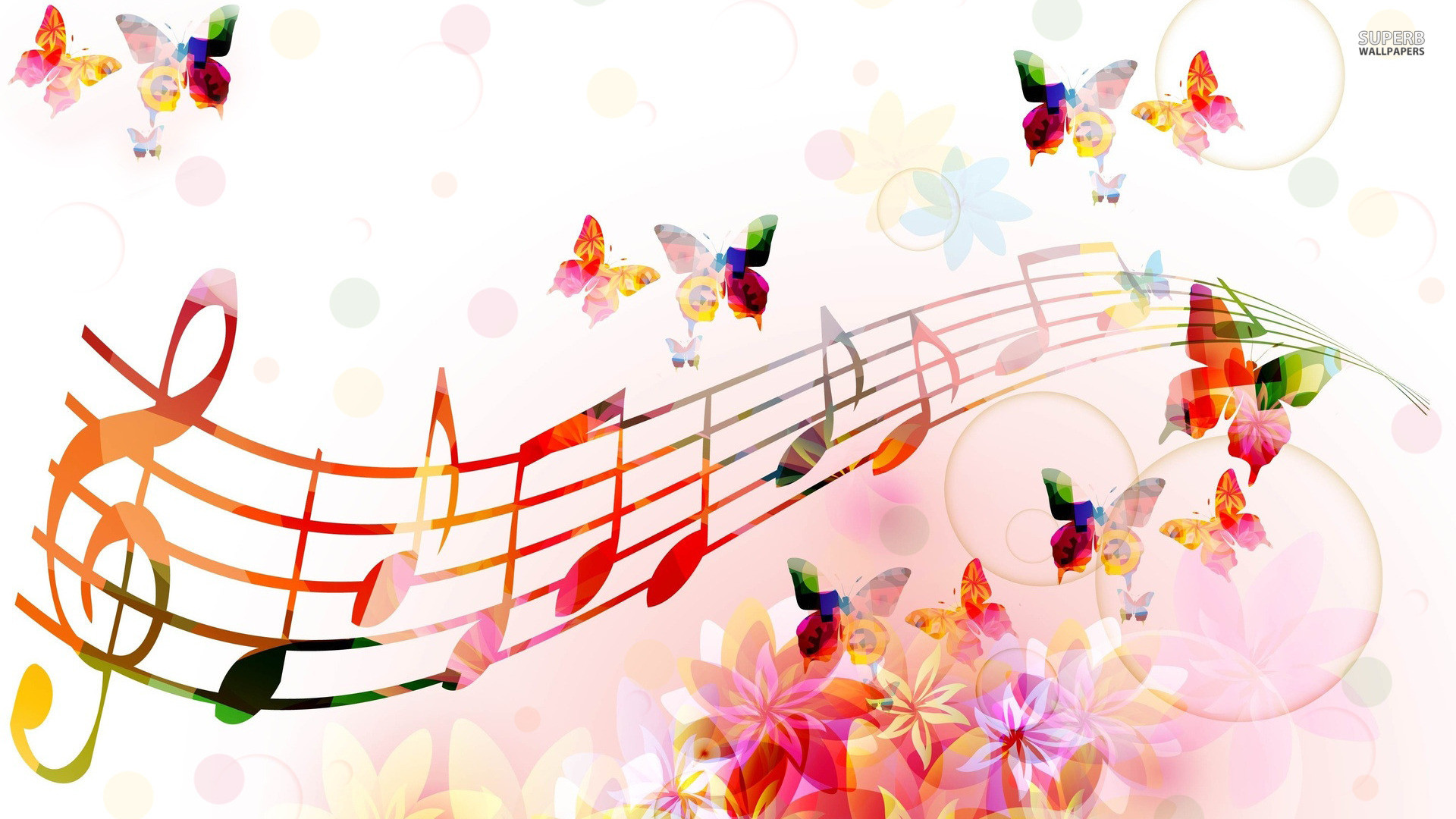 Chiave di violino, Pentagramma colorato, Farfalle, Fiori, 1920x1080, immagine di sfondo