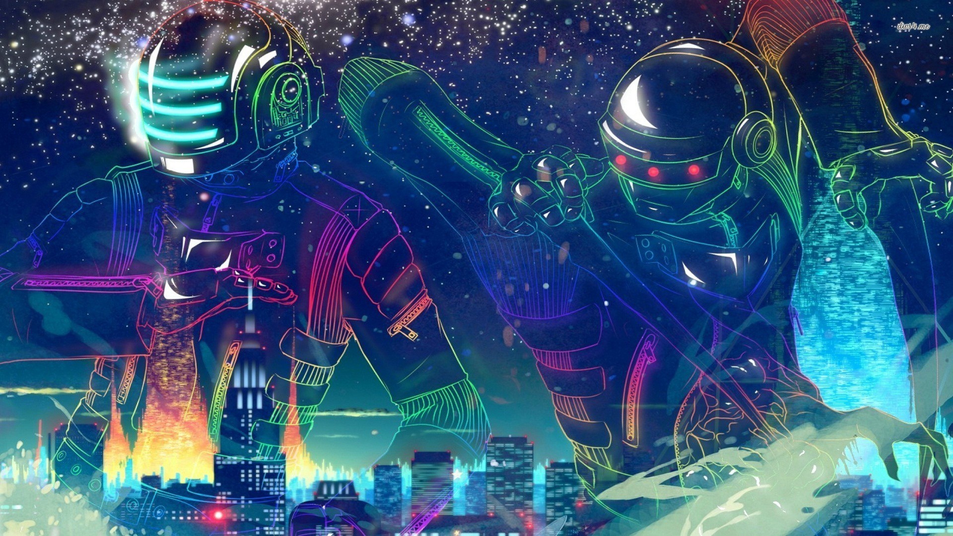 Daft Punk, Caschi, Città, Arte psichedelica, Neon, Full HD, sfondo Windows 11