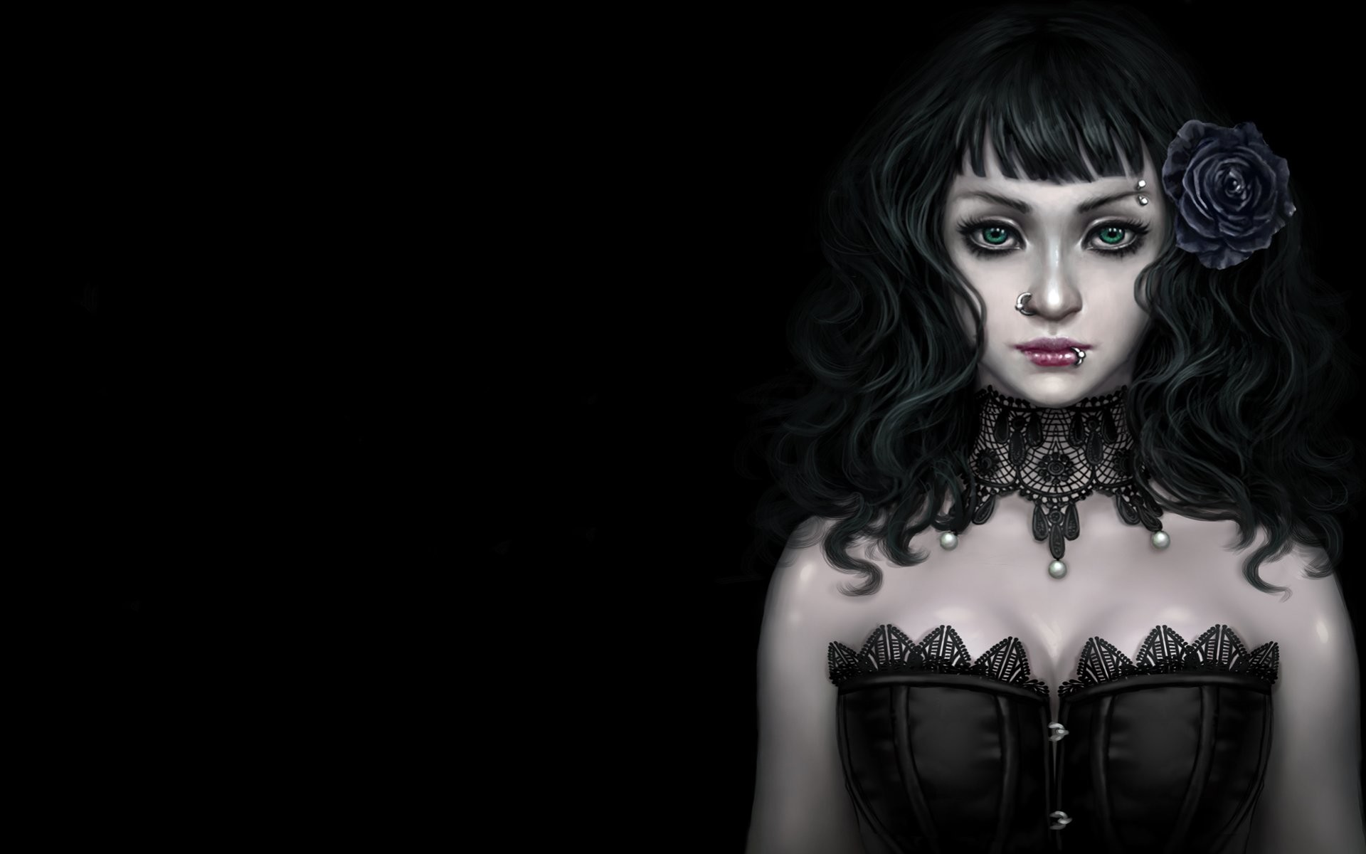 Ragazza gotica, Corsetto, Rosa nera, Ritratto, 16:10 Full HD, wallpaper widescreen