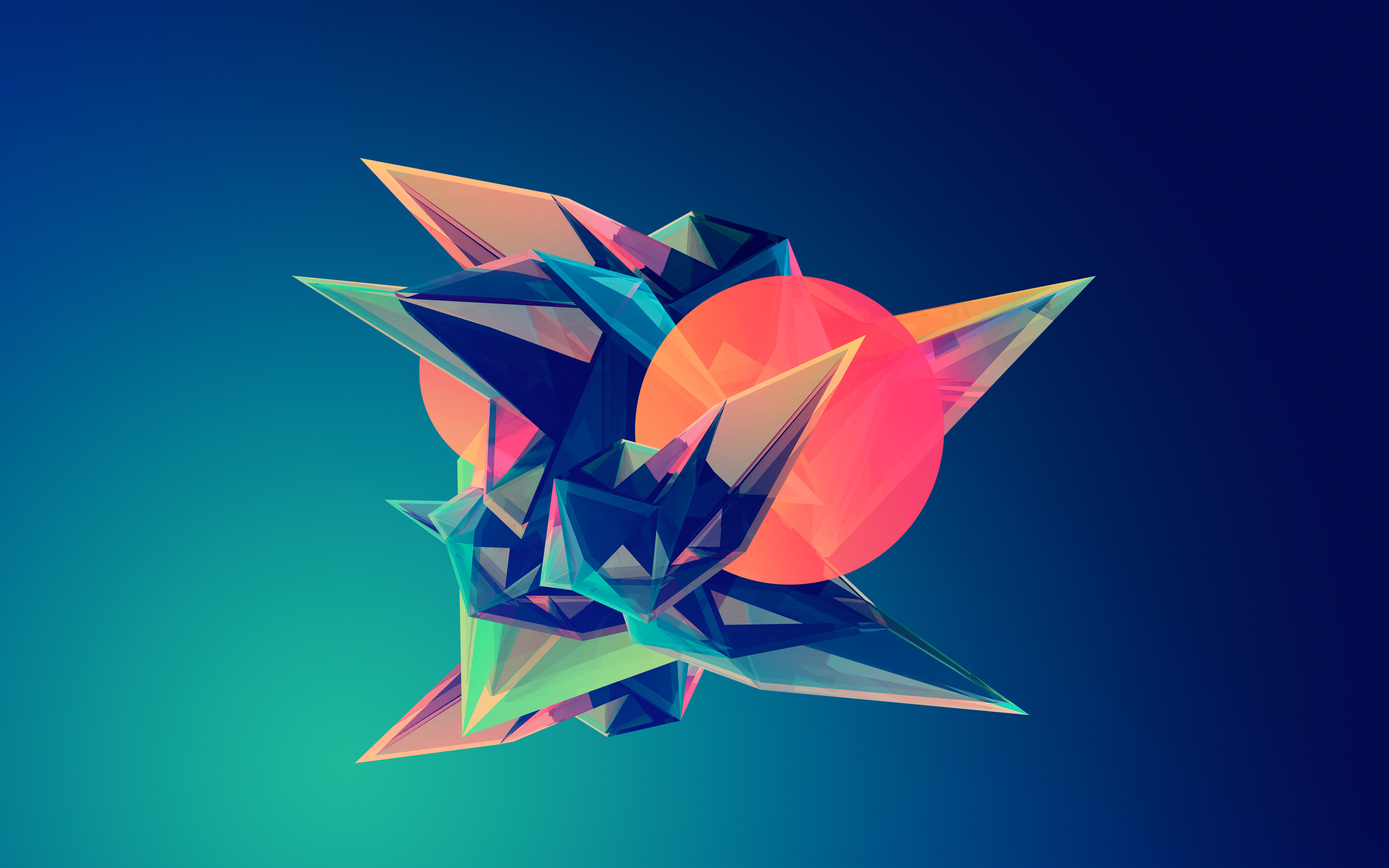 Astratto, Low poly, Cerchio rosso, Sfondo blu, 2K, wallpaper desktop