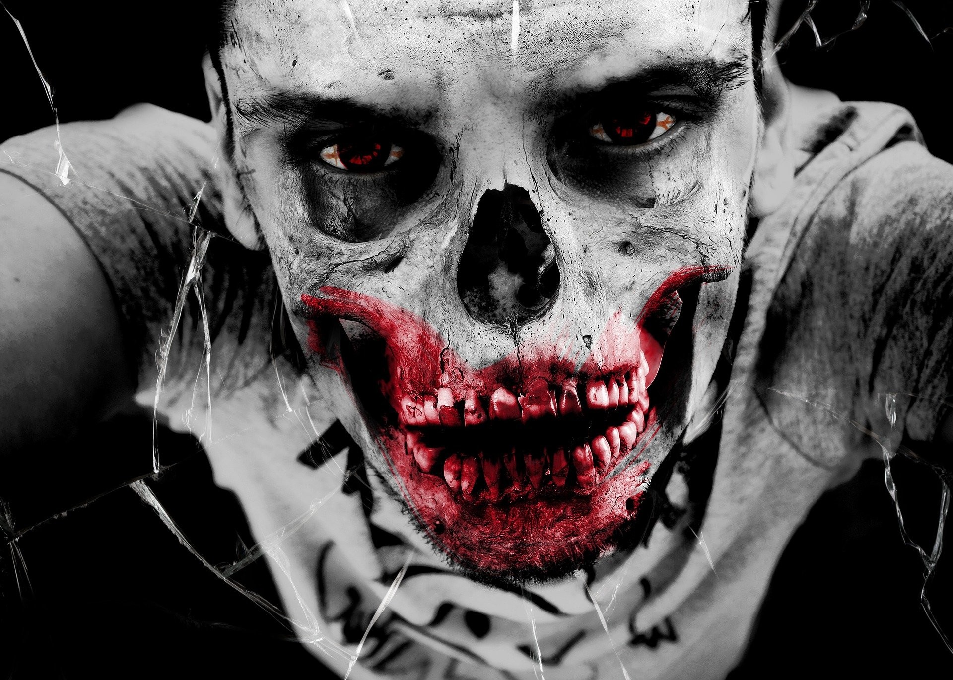 Zombi, Teschio, Labbra insanguinate, Bianco e nero, Volto, Full HD, sfondo per PC e portatile