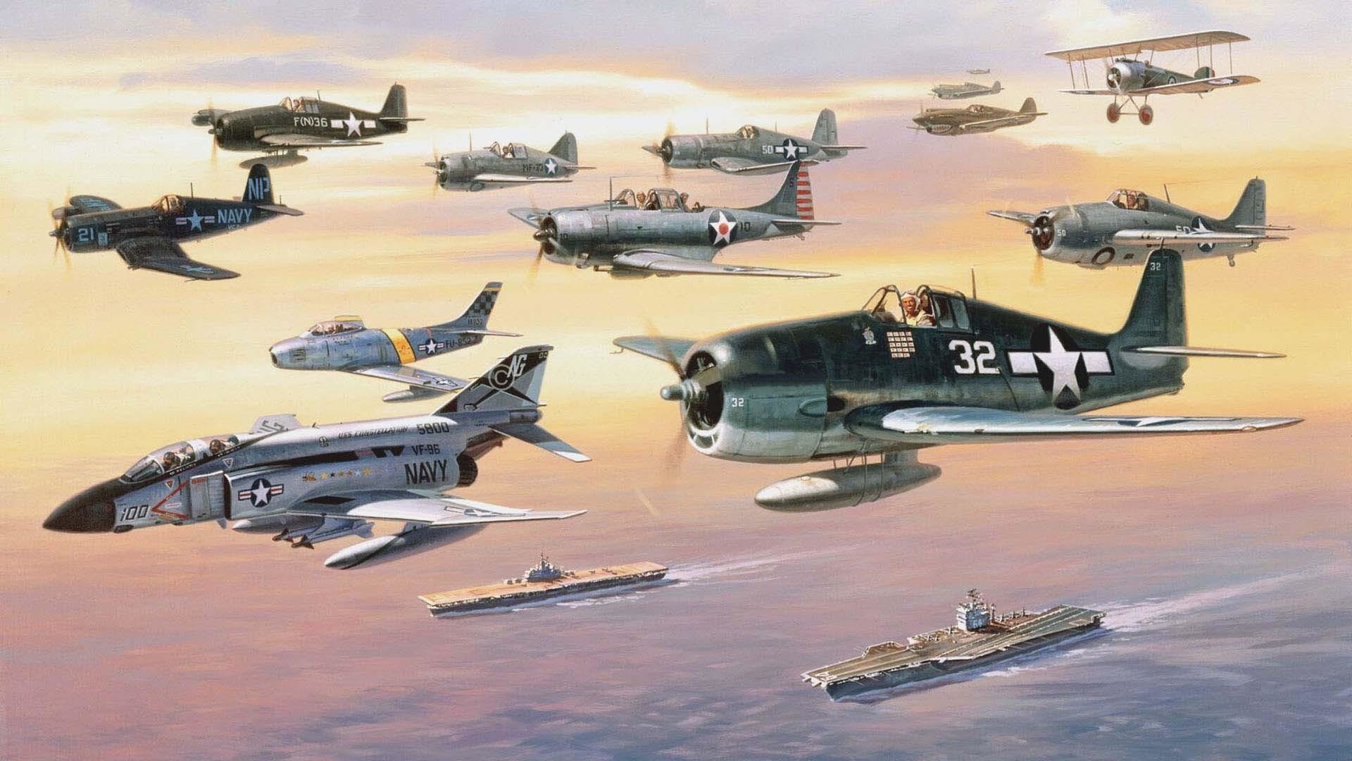 F6F Hellcat, F-4 Phantom II, Portaerei, Aerei militari, Dipinto, sfondo 16:9 Full HD