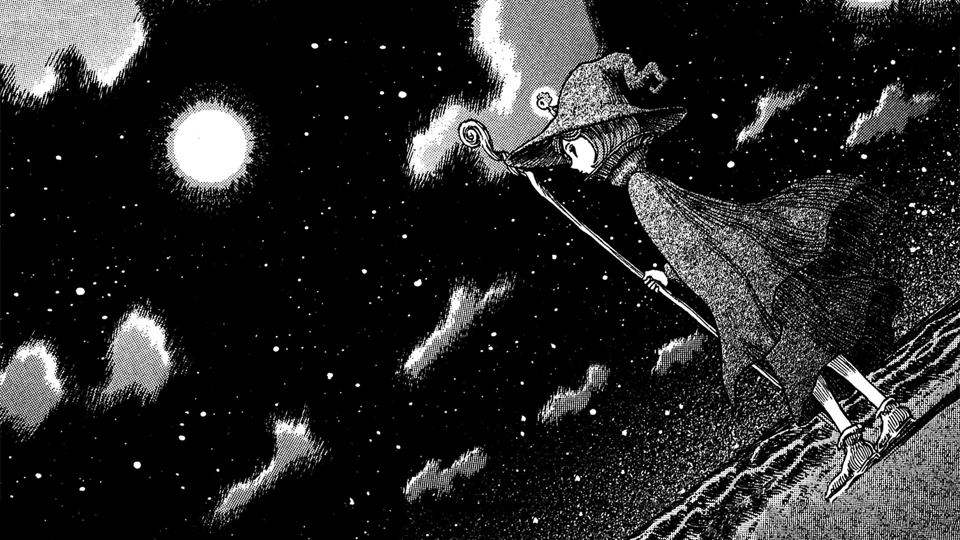 Gatsu, Berserk, Manga, Cielo notturno, Bianco e nero, Full HD, sfondo per PC