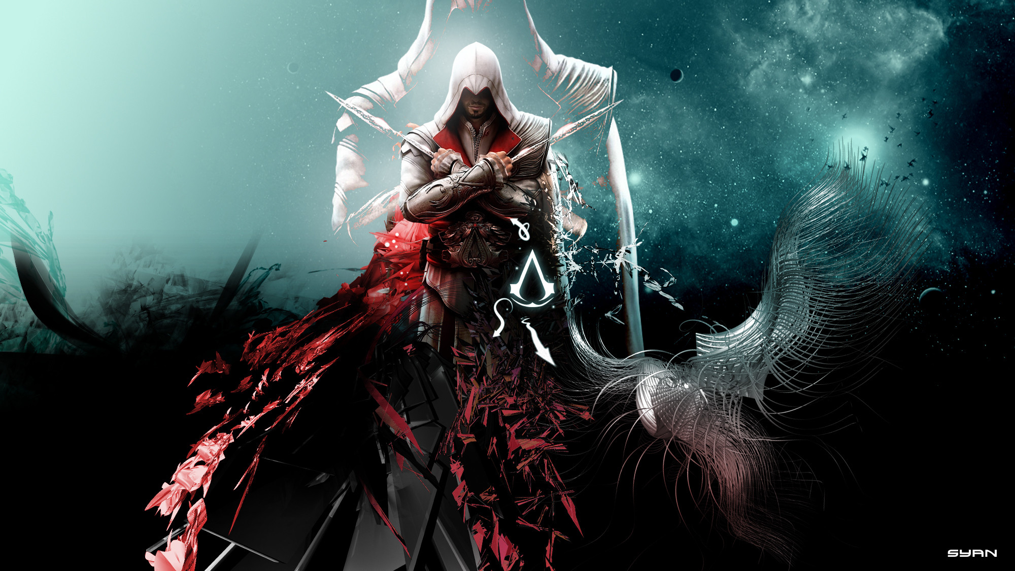 Ezio Auditore, Assassin's Creed, Arte digitale, Rosso, Turchese, sfondo desktop Full HD