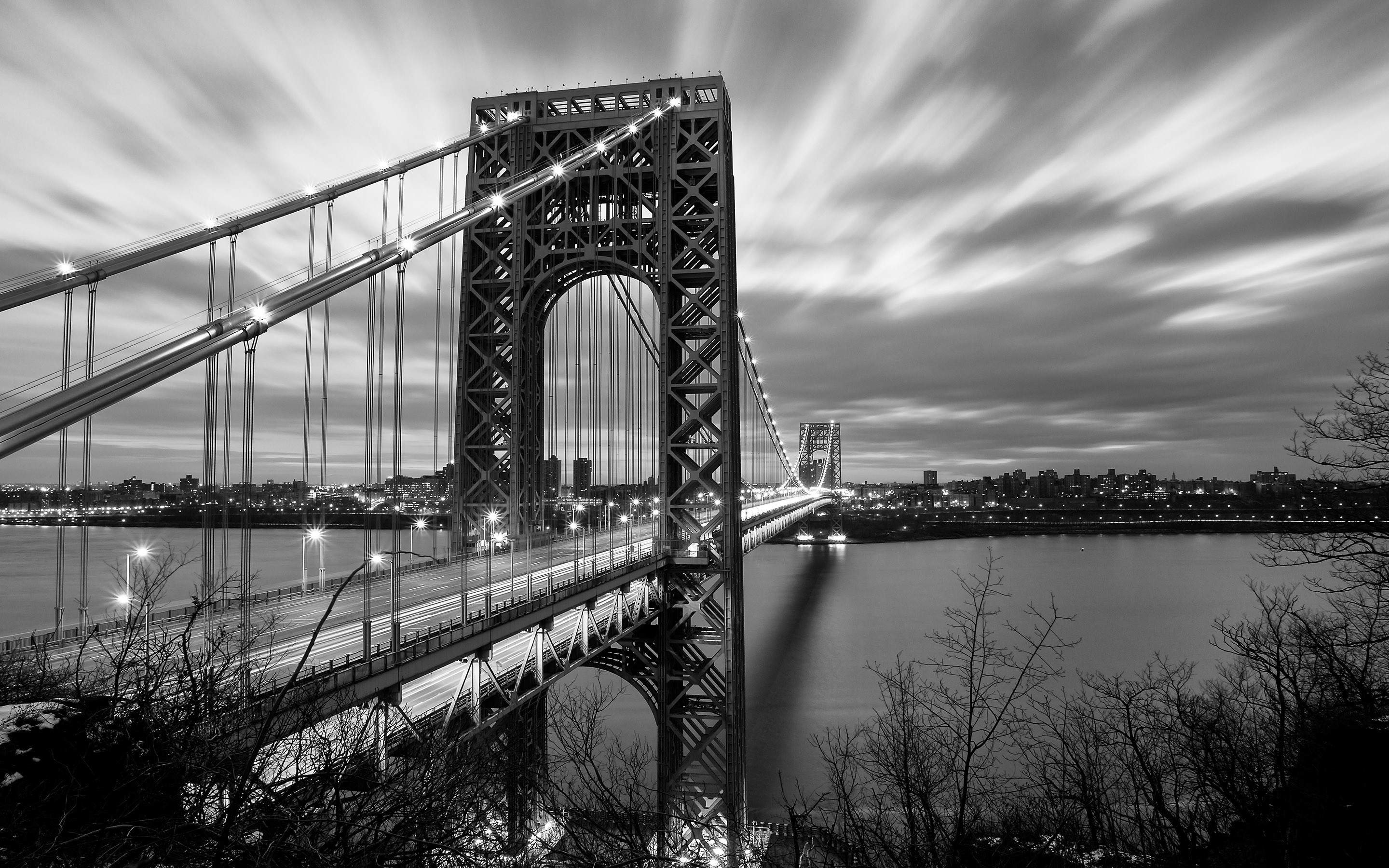 George Washington Bridge, New York, Bianco e nero, Lunga esposizione, sfondo Windows 11