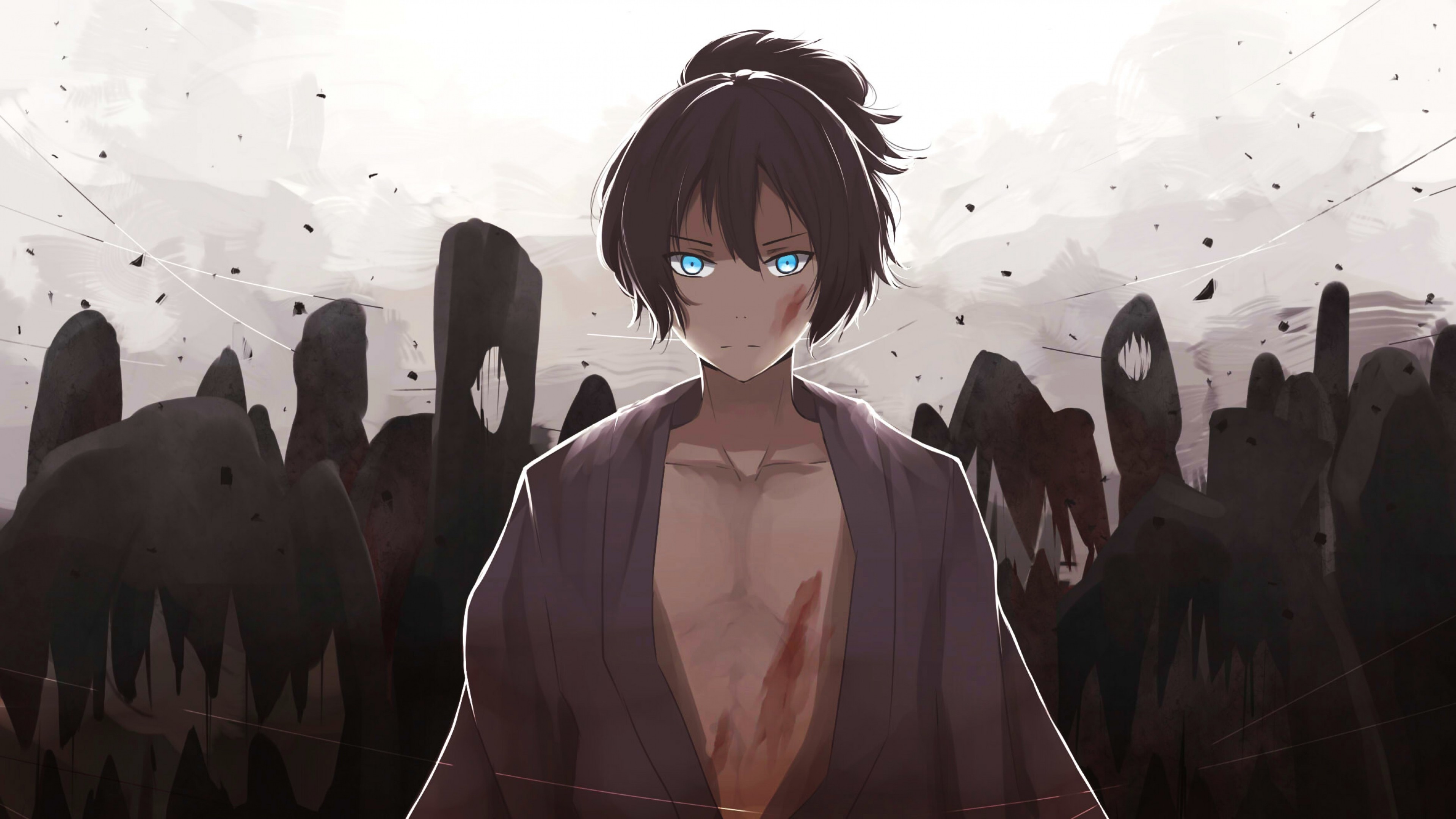 Yato, Noragami, Yukata, Occhi azzurri, Toni scuri, 4K, sfondo Windows 11