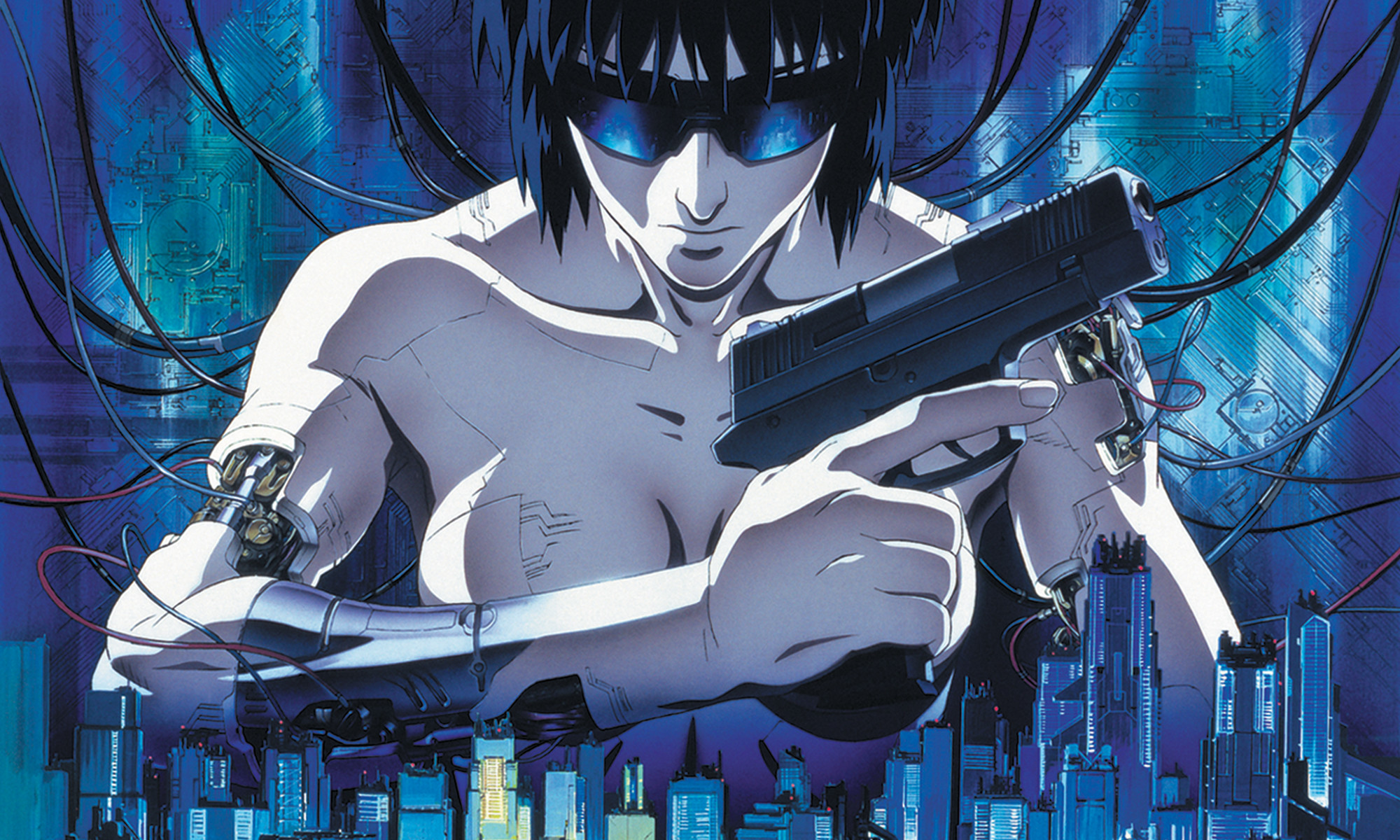 Motoko Kusanagi, Ghost in the Shell, Pistola, Cavi, Skyline, Full HD, wallpaper per computer