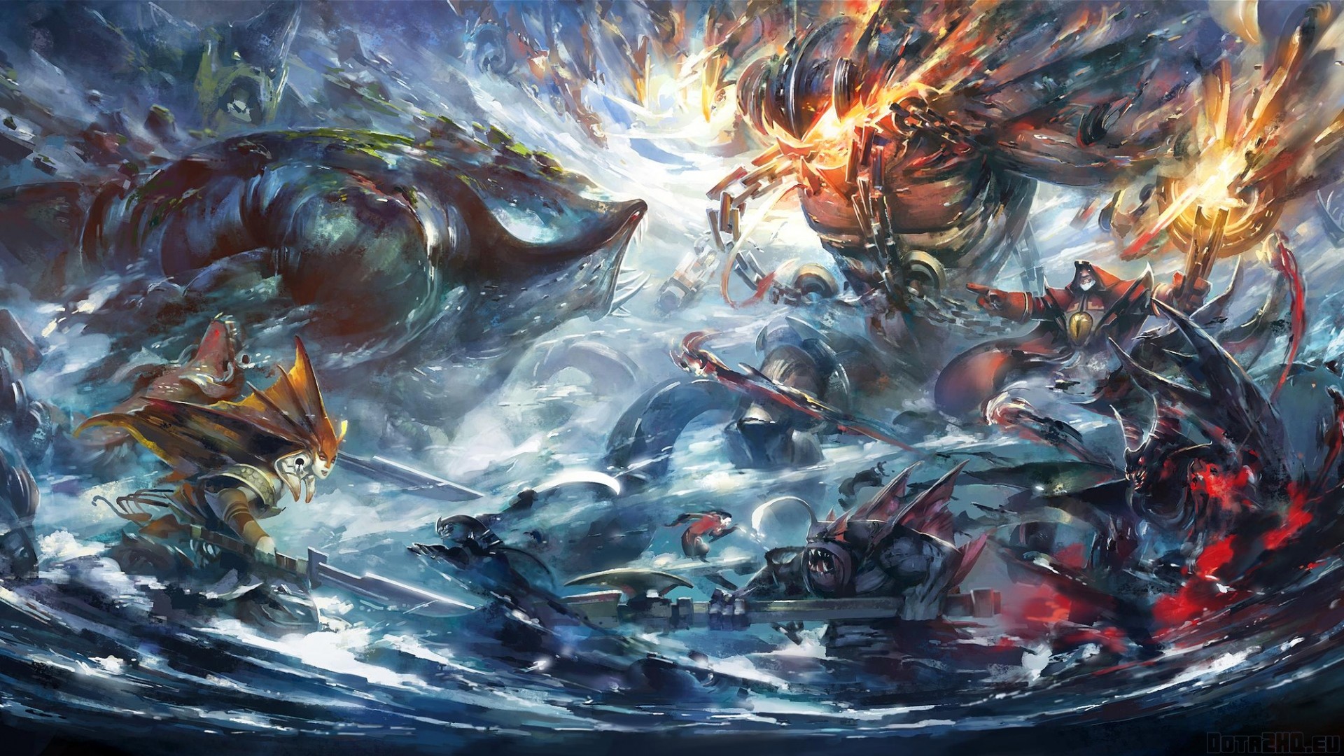 Battaglia fantasy, Mare in tempesta, Arte digitale, Creature, Onde, sfondo desktop 1920x1080