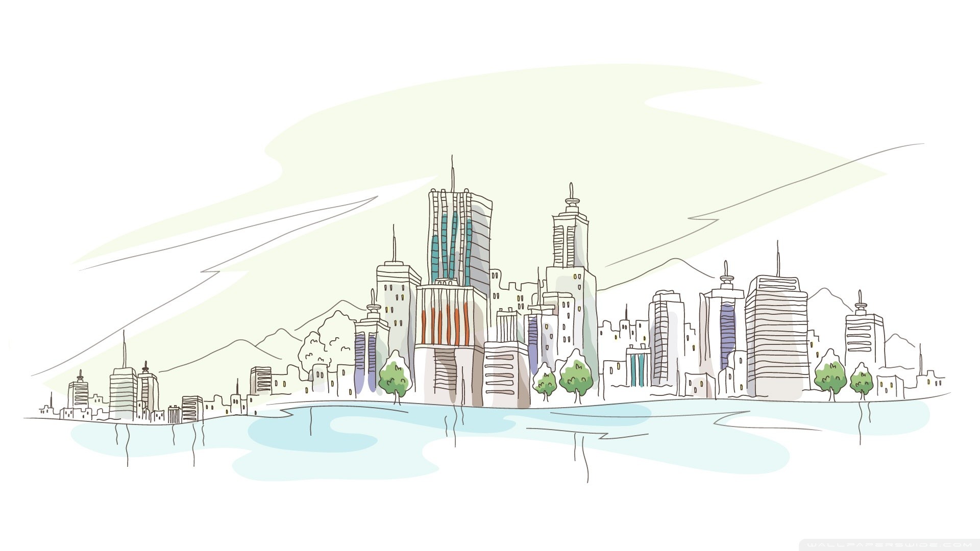 Skyline, Città, Disegno, Acquerello, 1920x1080, wallpaper desktop