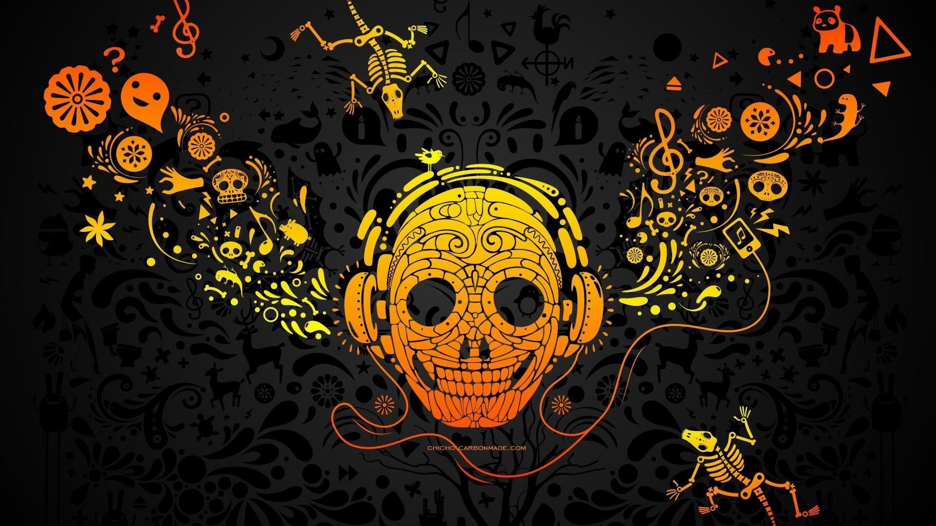 Teschio, Cuffie, Note musicali, Sfondo nero, Arancione, Full HD, wallpaper per desktop