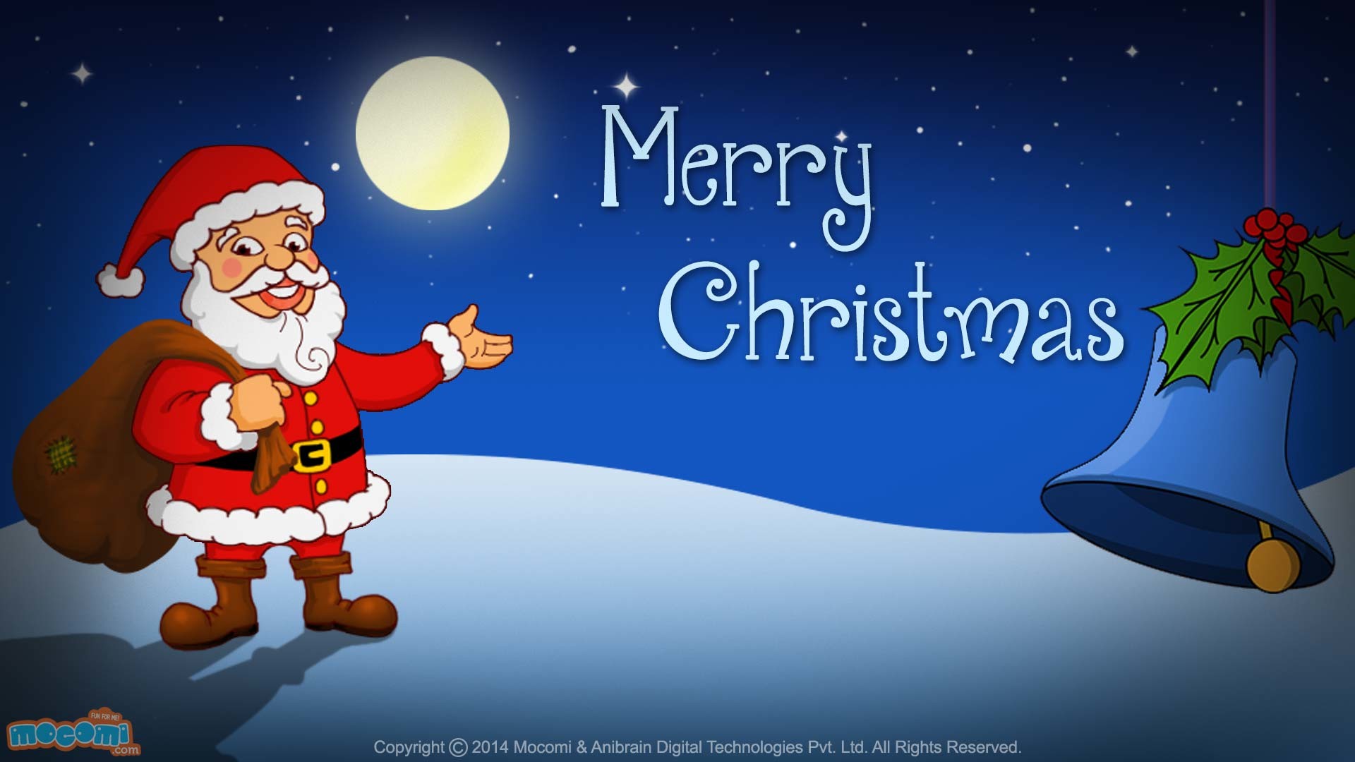 Babbo Natale, Campana, Luna piena, Merry Christmas, Cartone, 16:9 Full HD, sfondo widescreen