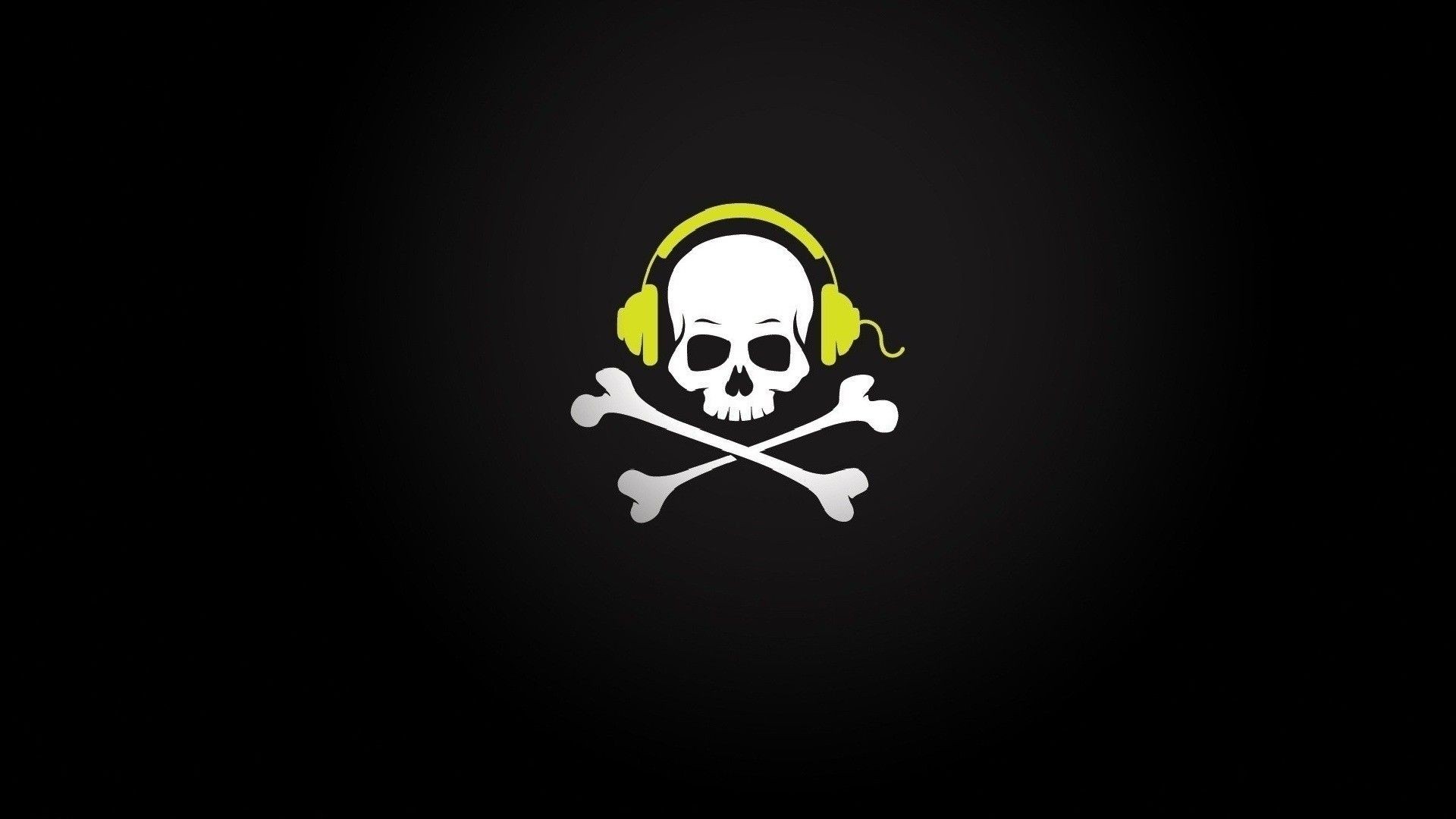 Teschio e tibie, Cuffie, Sfondo nero, Minimalista, Full HD, wallpaper desktop