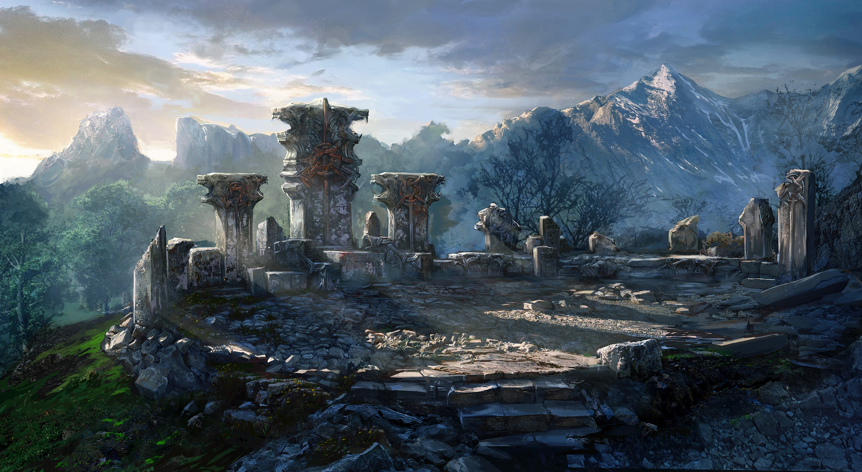 The Witcher 3: Wild Hunt, Rovine, Montagne, Paesaggio fantasy, 2K, sfondo desktop