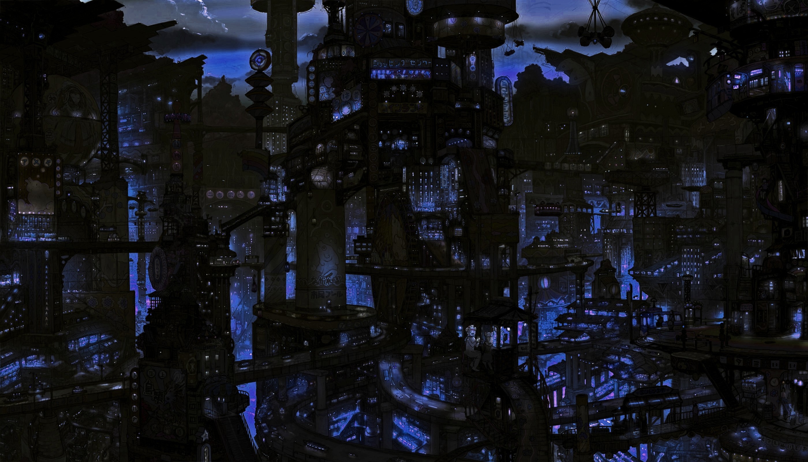 Città gotica, Notte, Blu scuro, Fantasy, 2K, sfondo Windows 11