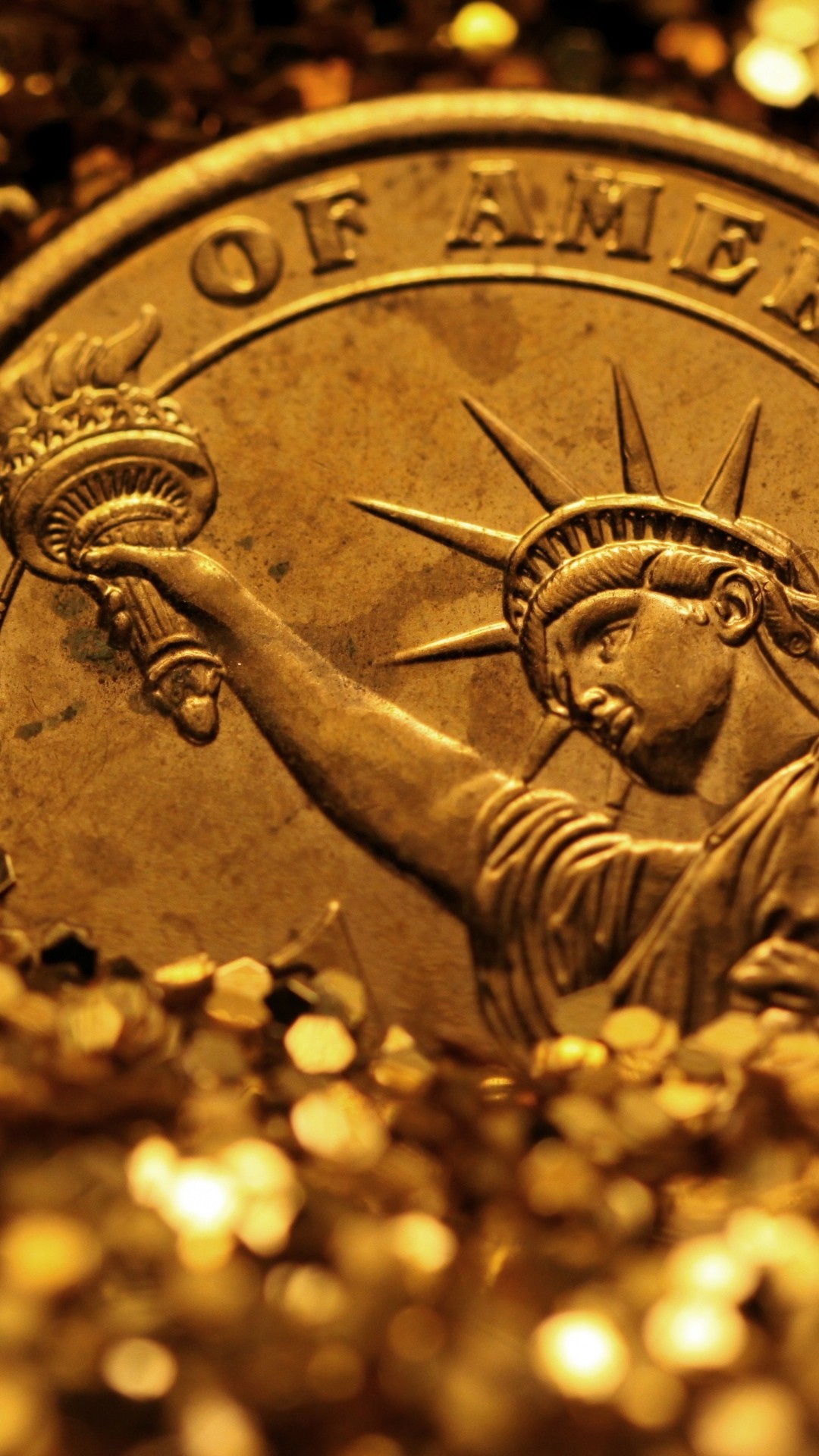 Moneta da un dollaro, Statua della Libertà, Oro, Macro, schermata Home Samsung