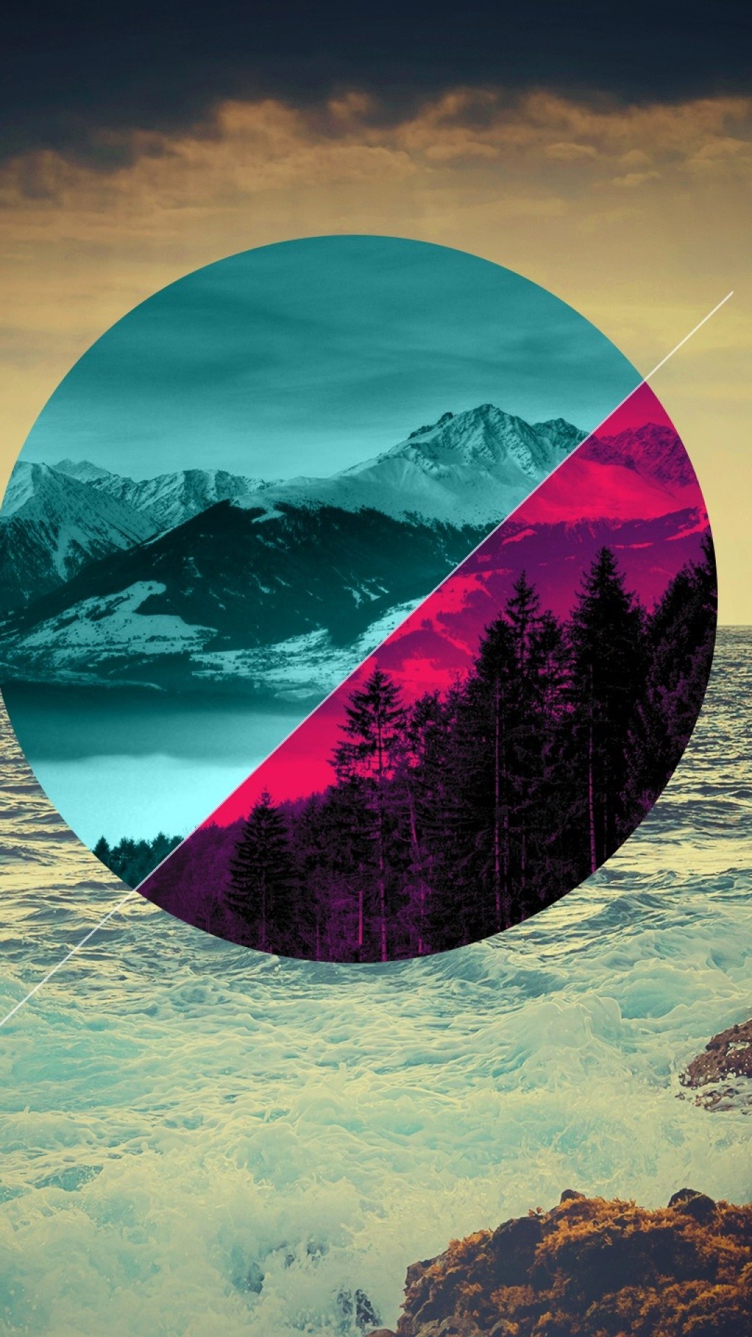 Cerchio, Montagne, Onde, Geometrico, Collage, Full HD, wallpaper per smartphone