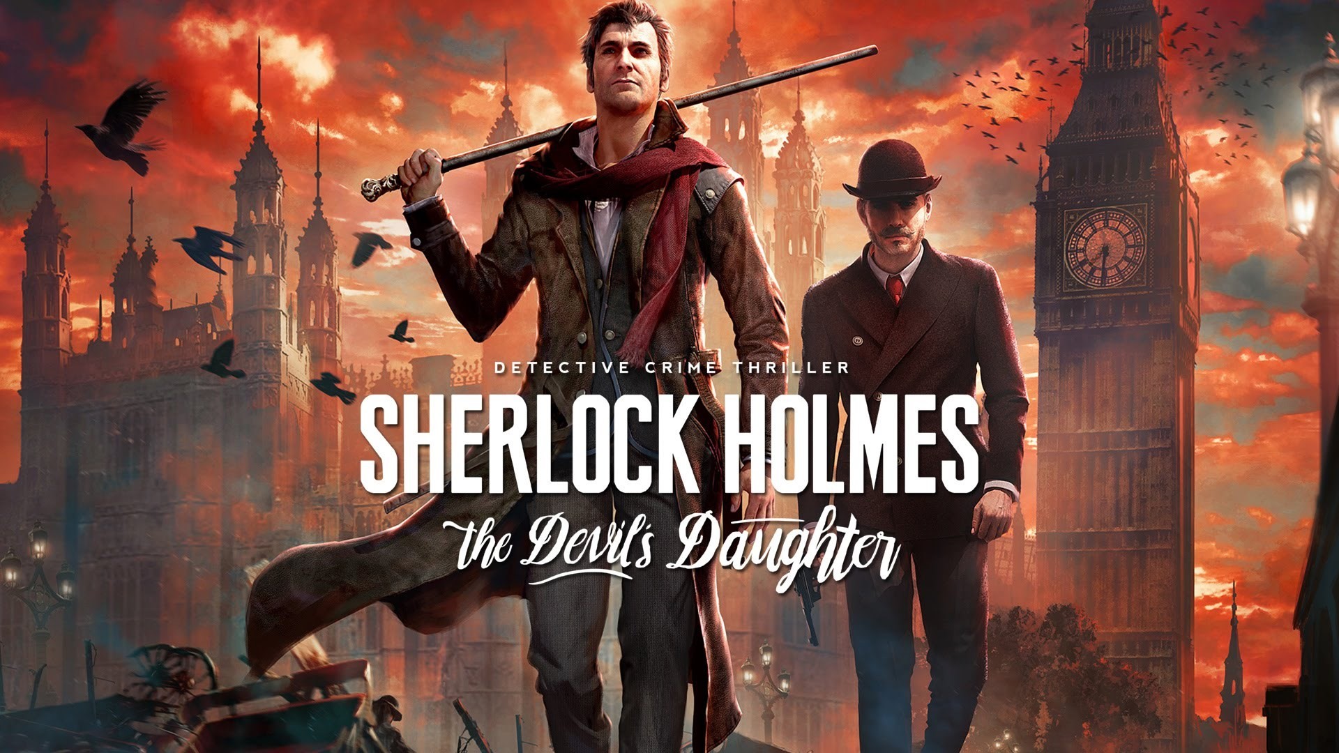 Sherlock Holmes: The Devil's Daughter, Sherlock Holmes, John Watson, Big Ben, Videogioco, Cielo rosso, sfondo desktop