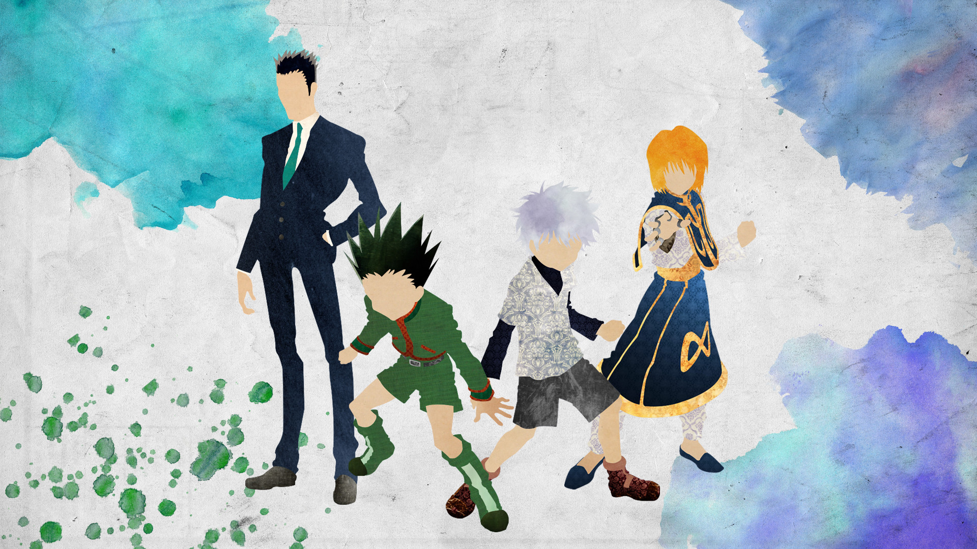 Gon Freecss, Killua Zoldyck, Kurapika, Leorio Paradinight, Hunter x Hunter, Acquerello, sfondo desktop