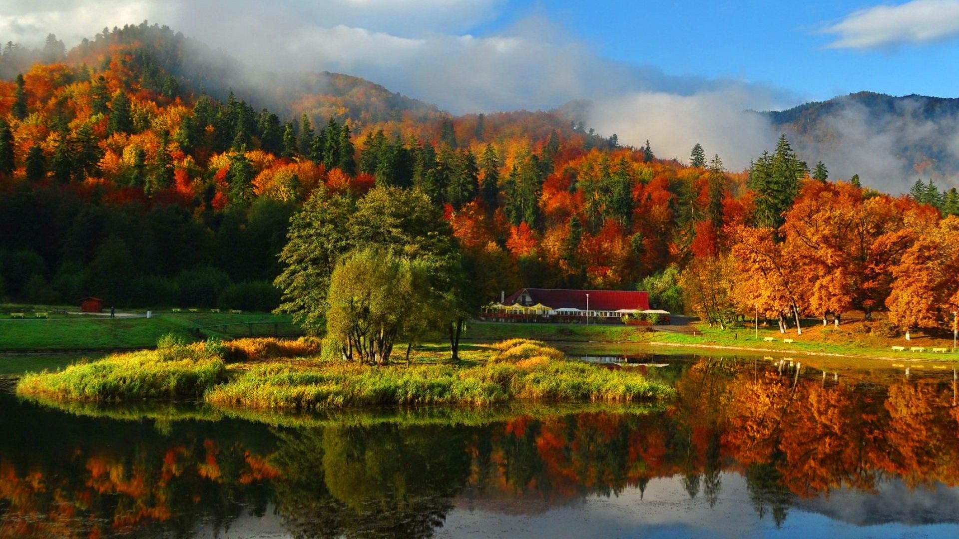 Autunno, Lago, Riflesso, Foliage, Montagne, Full HD, wallpaper per PC