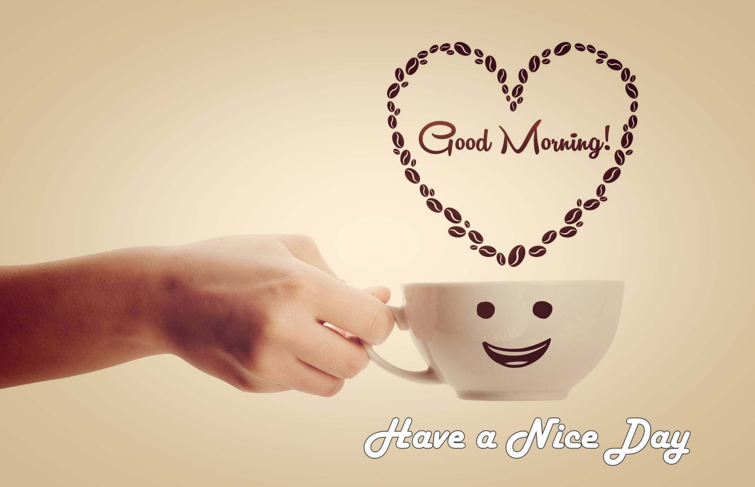 Good Morning, Have a Nice Day, Tazza di caffè, Cuore di chicchi, sfondo Full HD per portatile