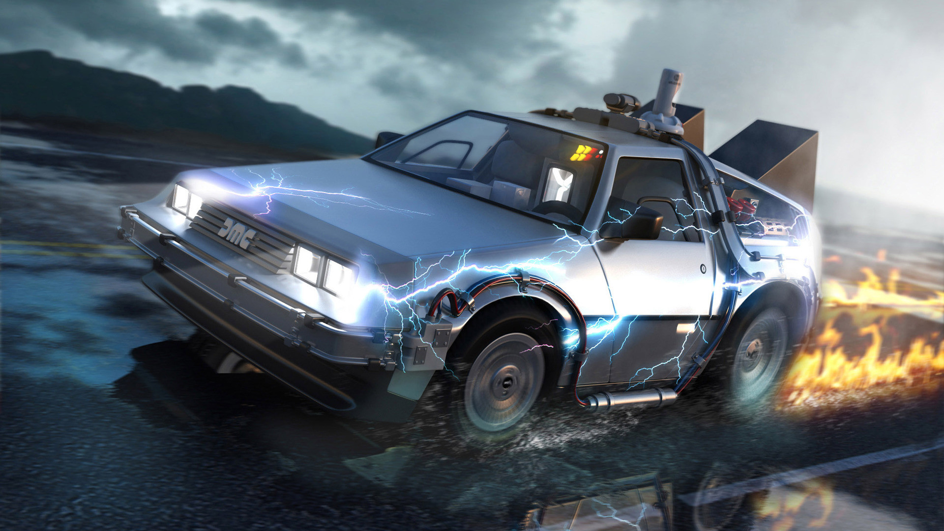 DeLorean DMC-12, Ritorno al futuro, Scintille, Rendering 3D, Full HD 1080p, sfondo desktop