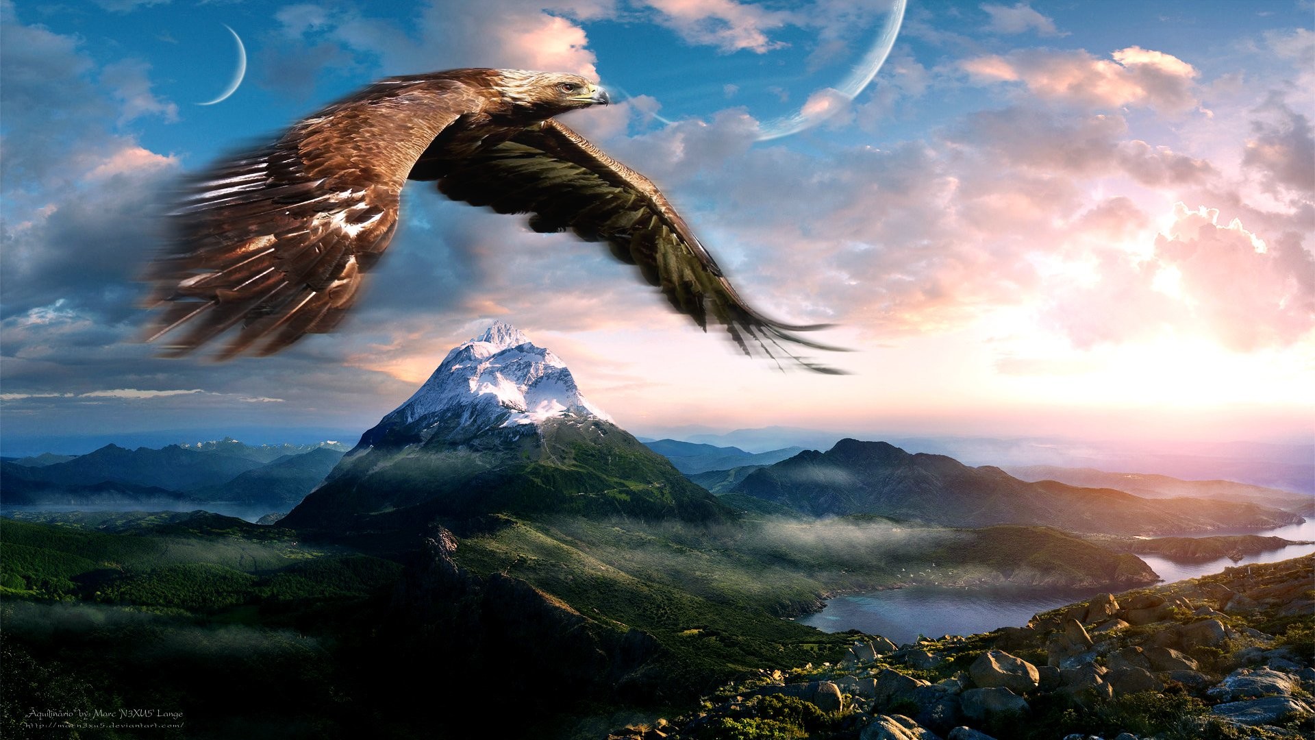 Aquila, Montagna, Luna, Fantasy, 16:9 Full HD, wallpaper widescreen