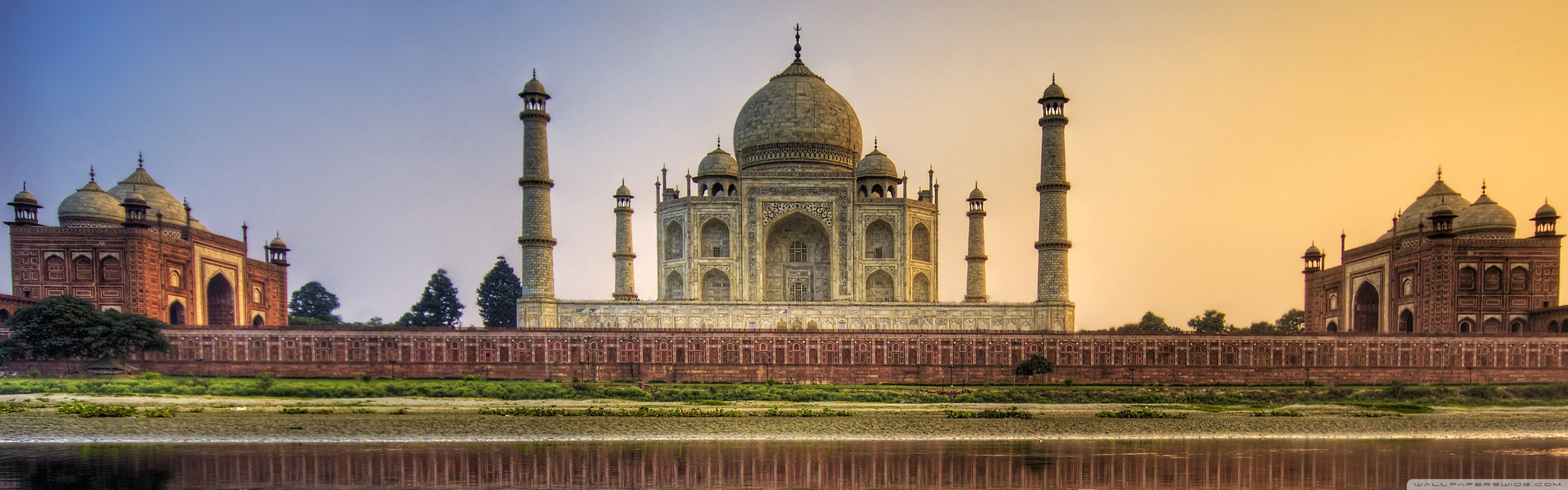 Taj Mahal, Agra, India, Tramonto, Panorama, doppio schermo, sfondo Full HD