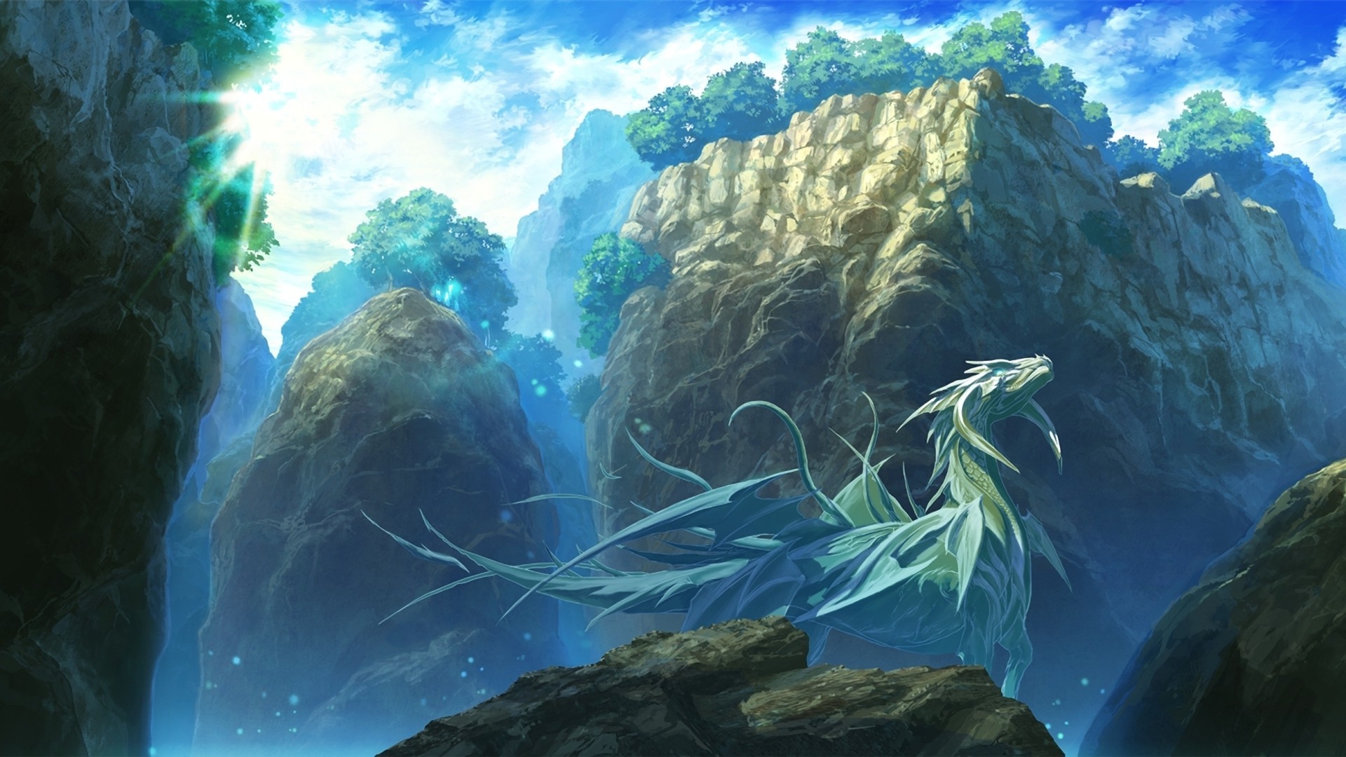 Drago bianco, Scogliere, Foresta, Fantasy, Raggi di sole, Blu, Full HD 1080p, sfondo desktop