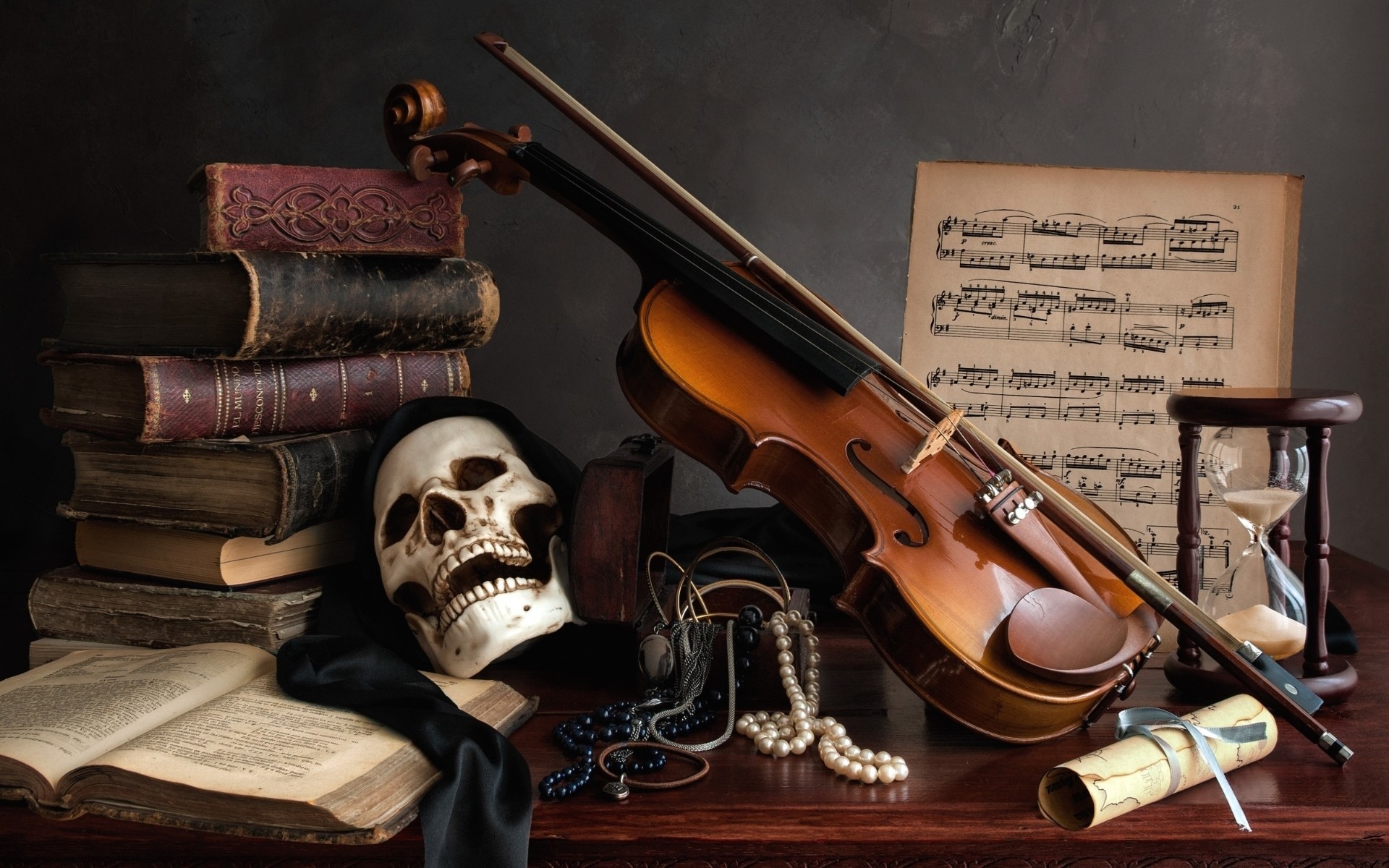 Libri antichi, Violino, Teschio, Spartito, Clessidra, Natura morta, sfondo Full HD per PC