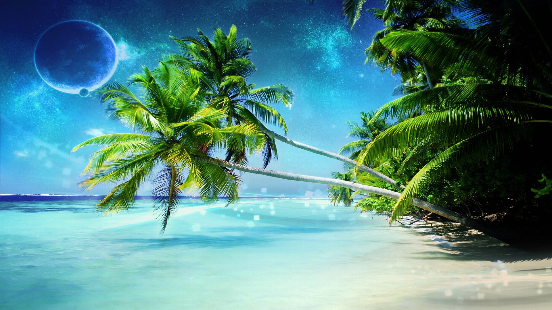 Palme, Pianeti, Spiaggia tropicale, Fantasy, Full HD 1080p, sfondo desktop