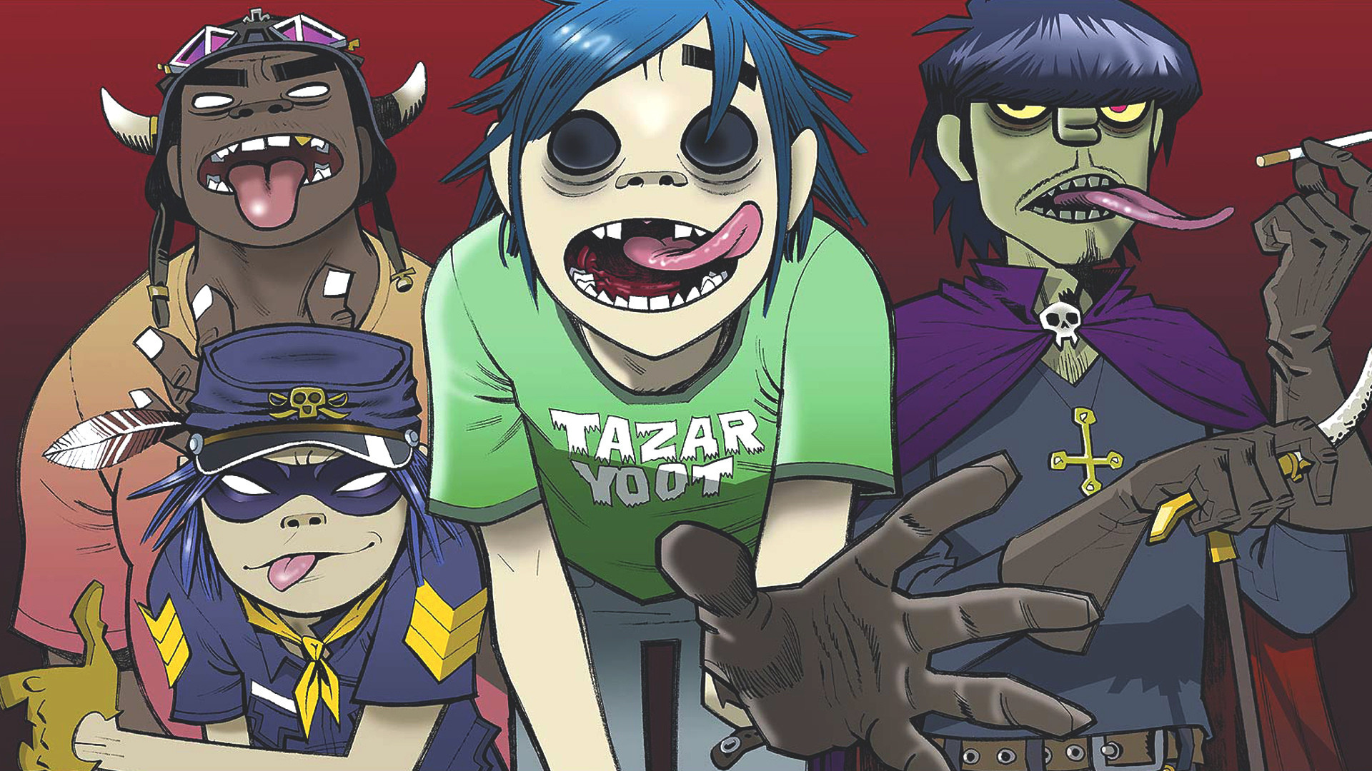 Gorillaz, 2-D, Noodle, Murdoc Niccals, Russel Hobbs, Rosso, Full HD, sfondo per portatile