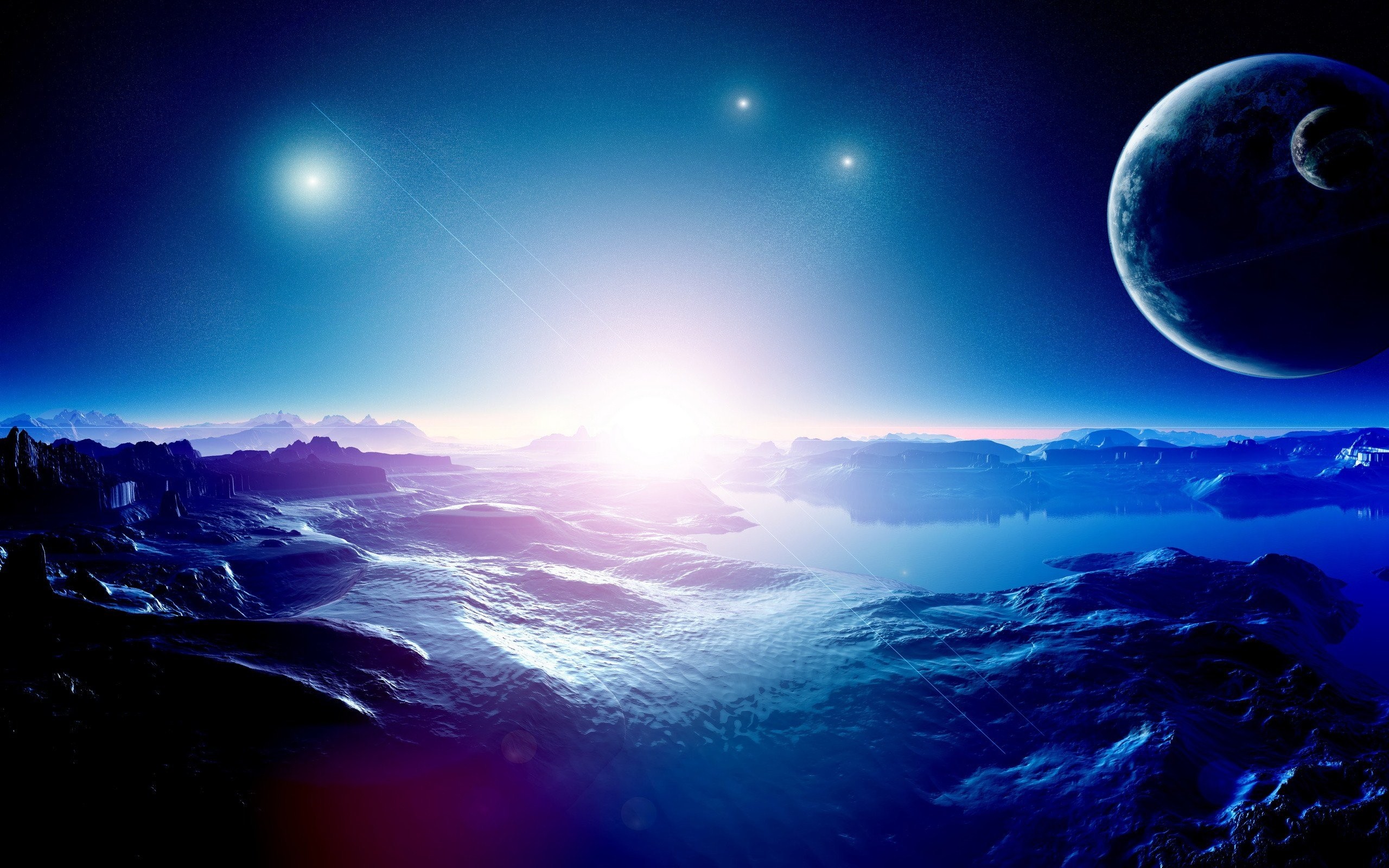 Pianeta alieno, Luna, Paesaggio fantascientifico, Blu, 2560x1600, sfondo MacBook Pro