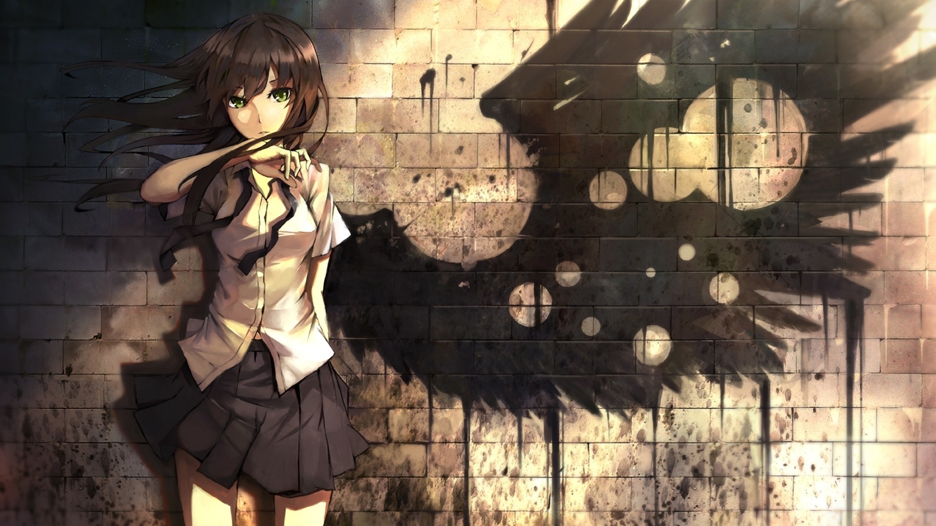 Ragazza anime, Uniforme scolastica, Ombra con ali, Muro di mattoni, sfondo Full HD per portatile
