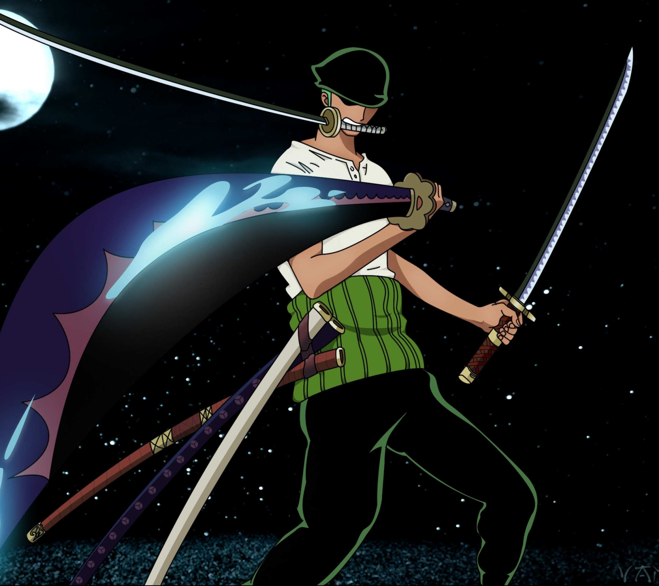 Roronoa Zoro, One Piece, Katana, Notte, sfondo per iPad e tablet