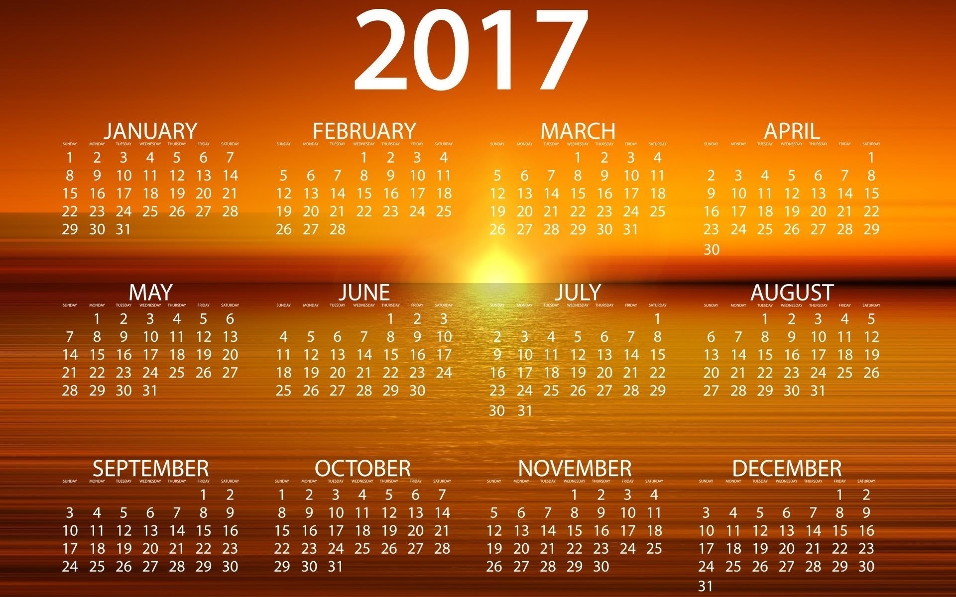Calendario 2017, Tramonto, Mare, Arancione, 1920x1200, immagine di sfondo