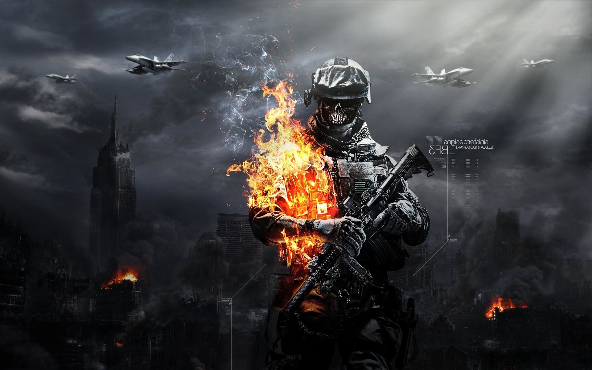 Battlefield 3, Soldato con maschera teschio, Fiamme, Città in rovina, Aerei da caccia, sfondo Full HD