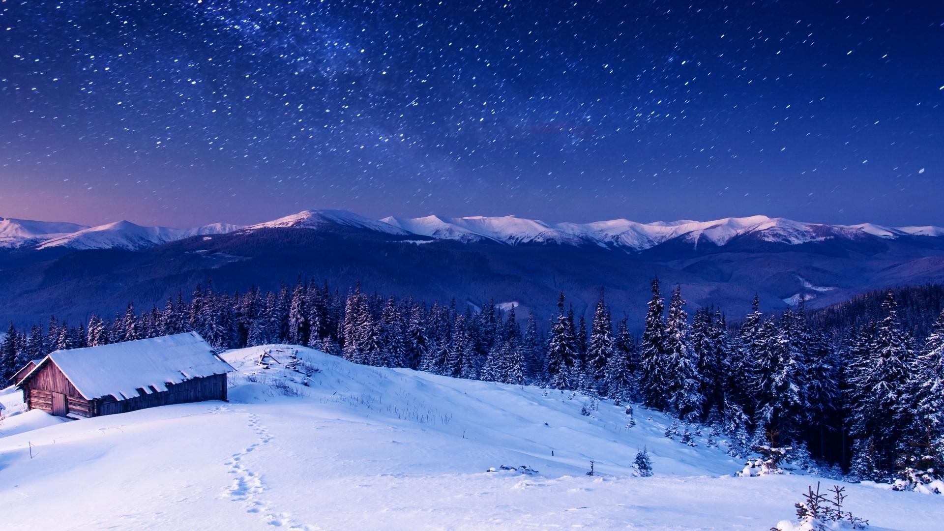 Baita, Notte stellata, Montagne, Foresta, Full HD, wallpaper per portatile