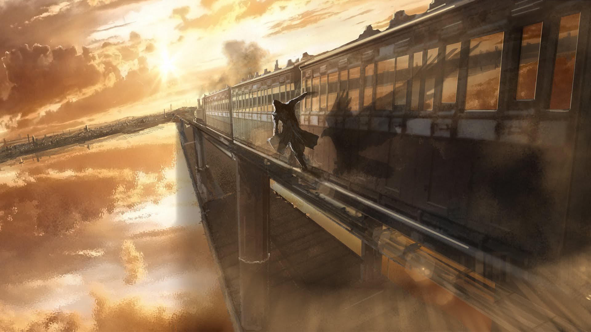 Assassin's Creed Syndicate, Treno, Ponte, Luce dorata, Azione, Full HD, sfondo desktop