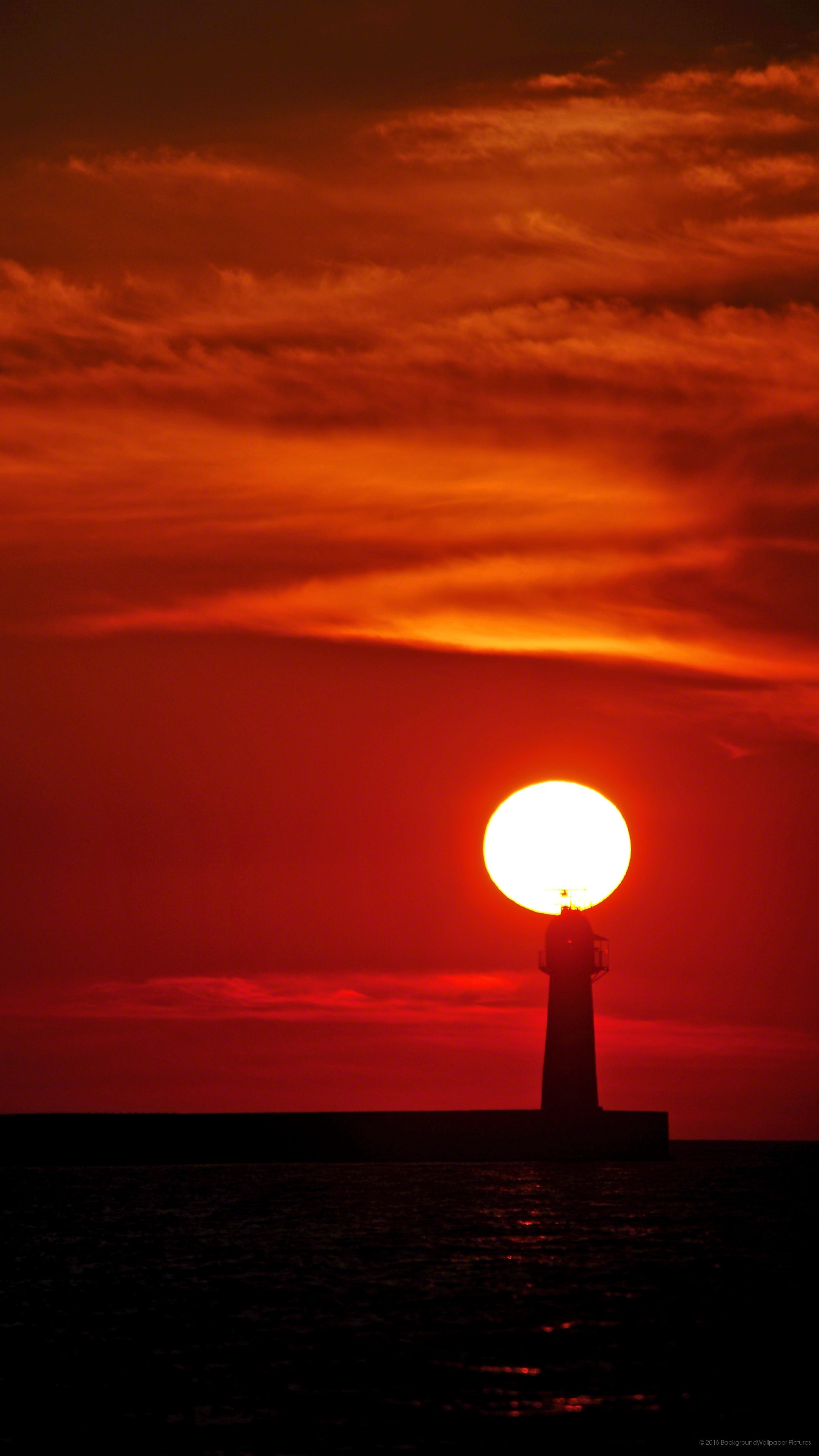 Faro, Tramonto, Mare, Cielo rosso, QHD+, wallpaper per cellulare