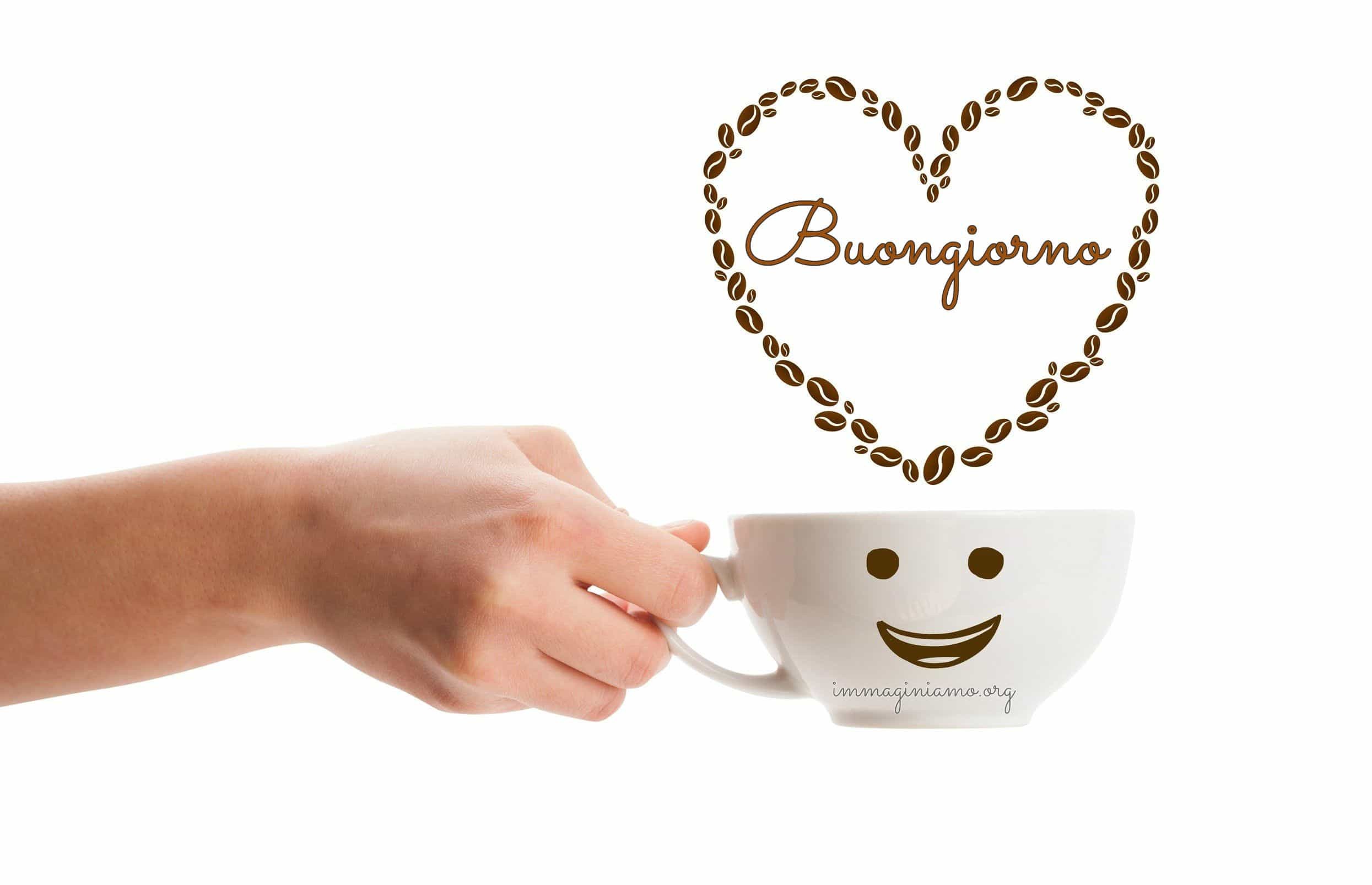 Buongiorno, Tazza di caffè, Cuore di chicchi, Sorriso, Full HD, sfondo Windows 11