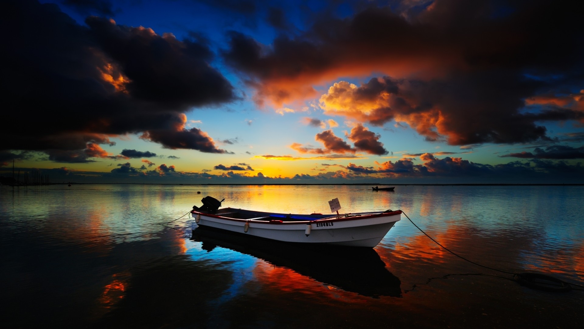 Barca, Tramonto, Lago, Nuvole, sfondo Full HD per desktop