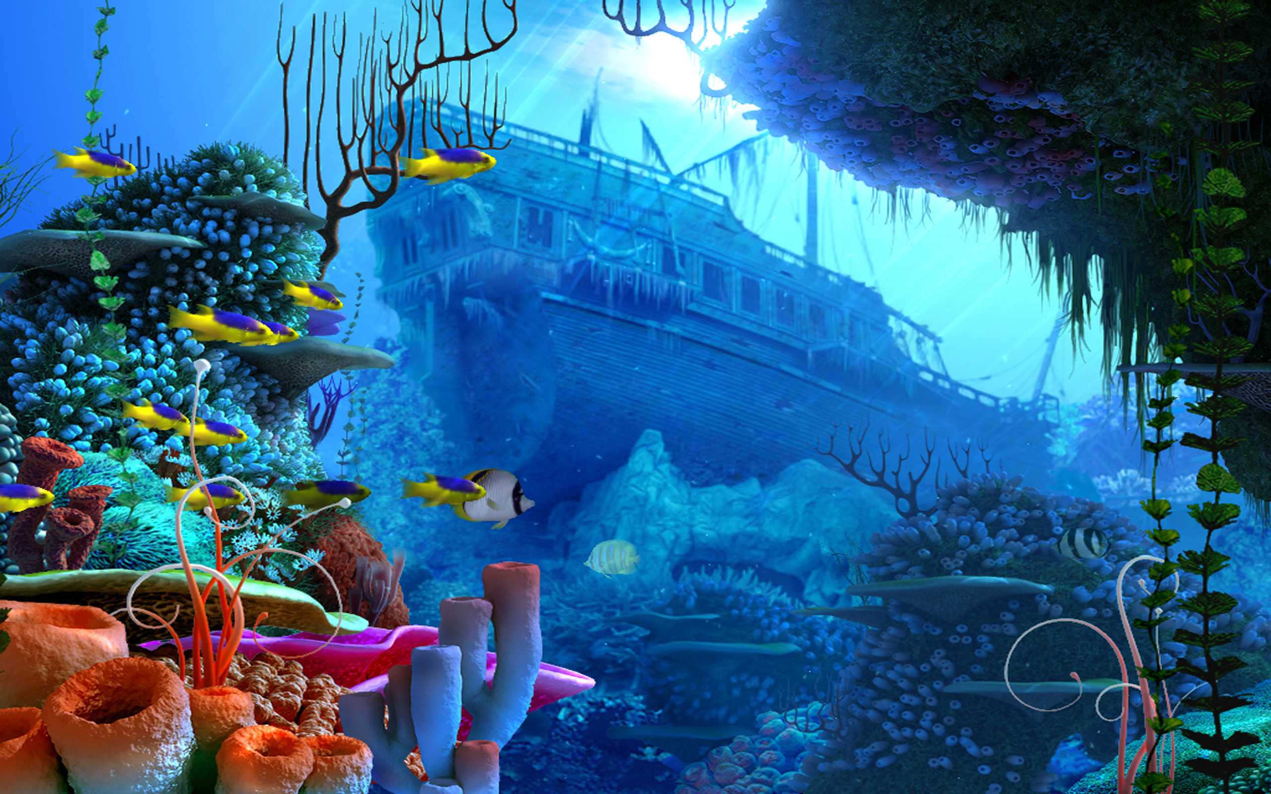 Relitto, Nave affondata, Pesci tropicali, Coralli, Fantasy, 2K, sfondo per PC e portatile