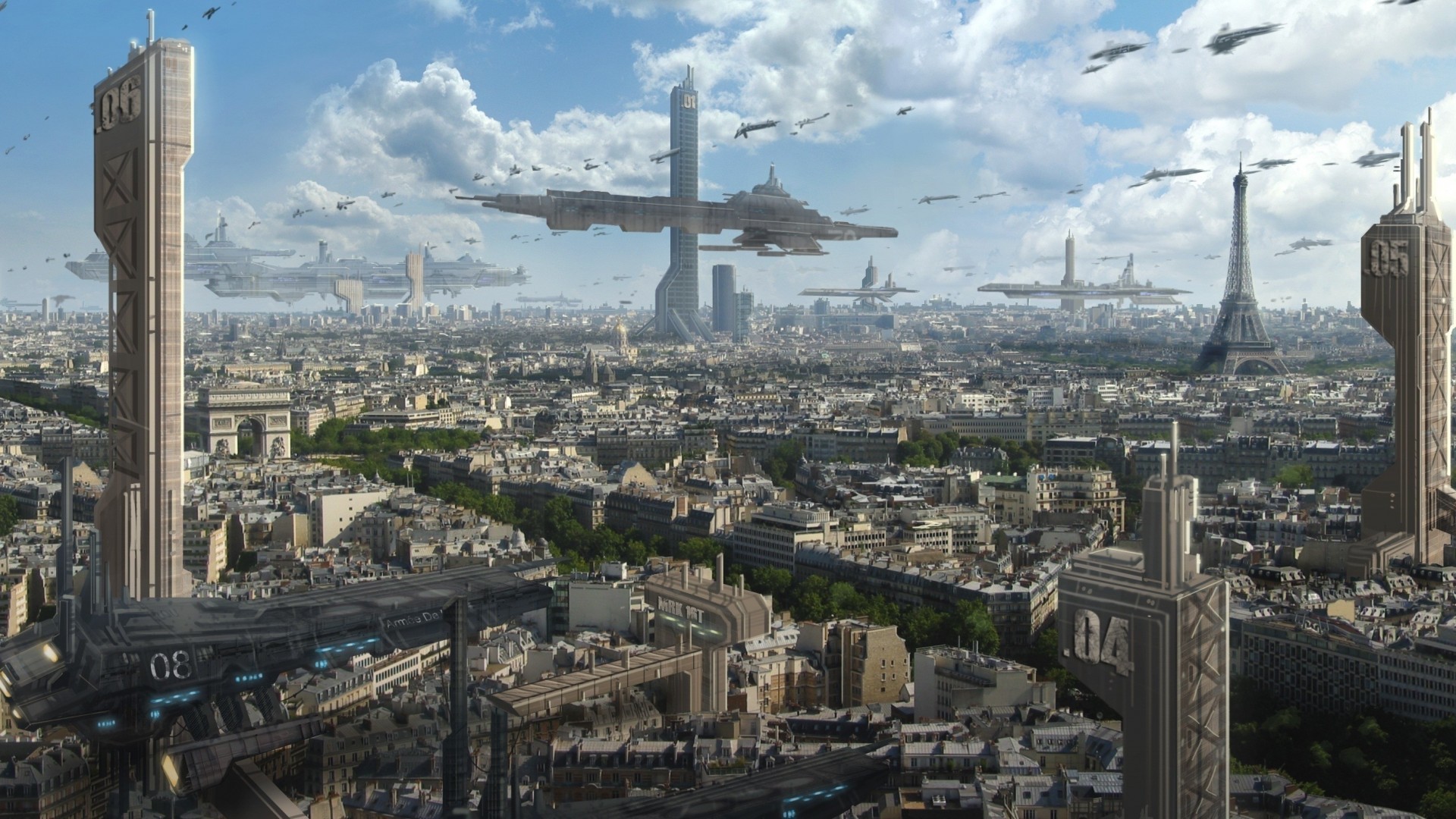 Parigi, Torre Eiffel, Astronavi, Città futuristica, Vista aerea, sfondo 16:9 Full HD