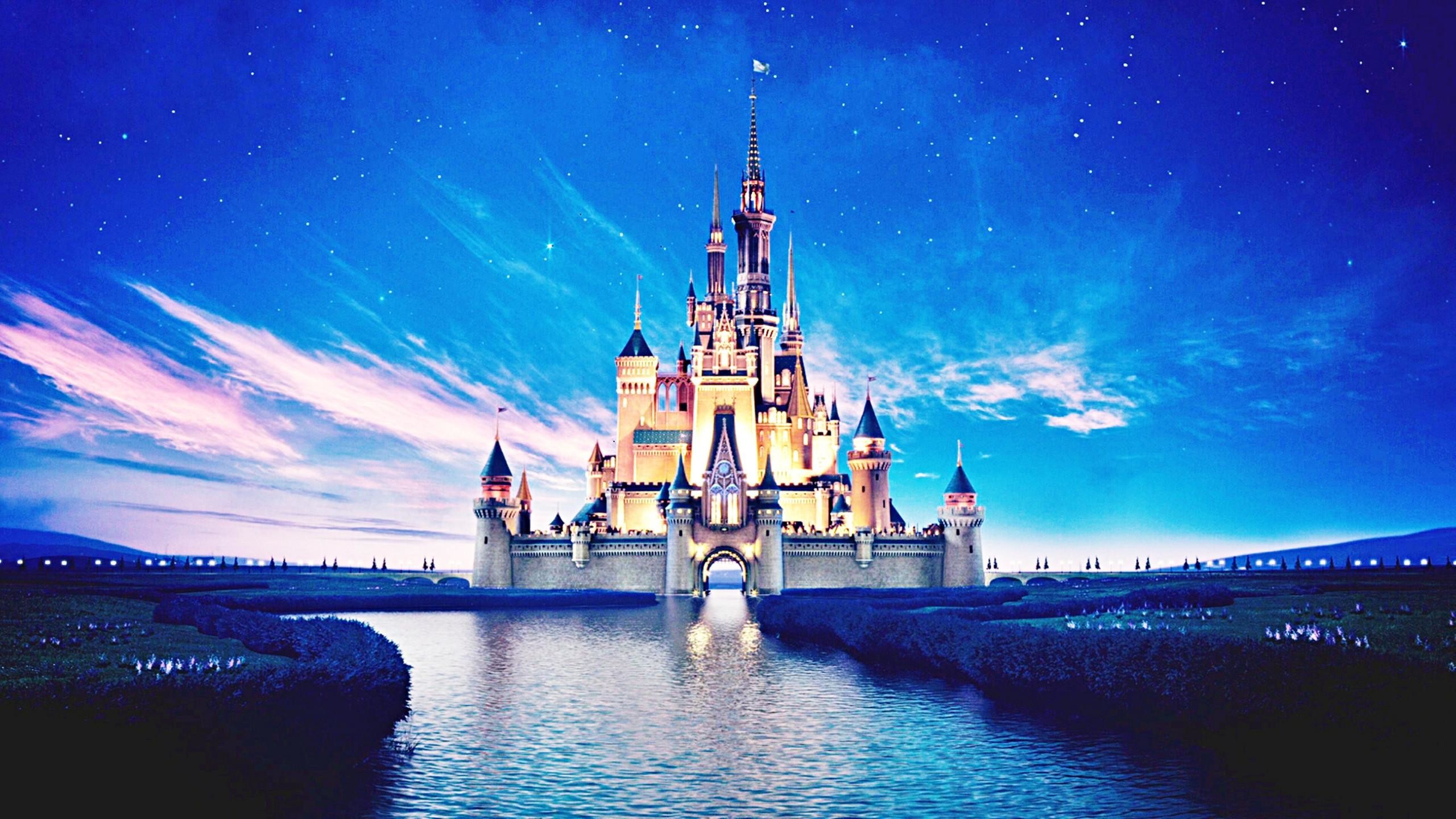 Castello Disney, Walt Disney, Notte, Cielo blu, 2K, wallpaper per computer